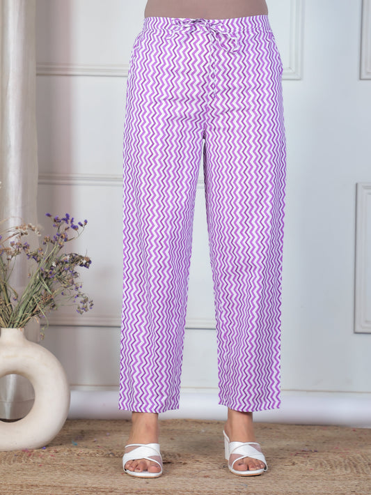 Soft Cotton Geometric Purple Trousers Straight Trousers