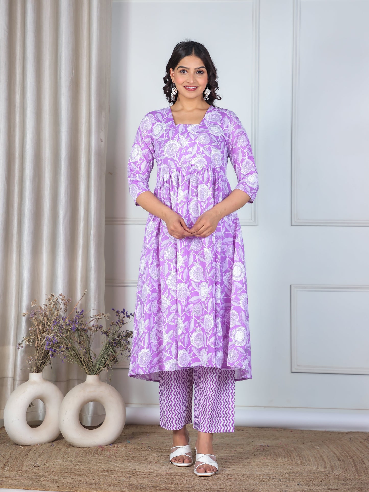 Soft Cotton Geometric Gathered Purple Kurta