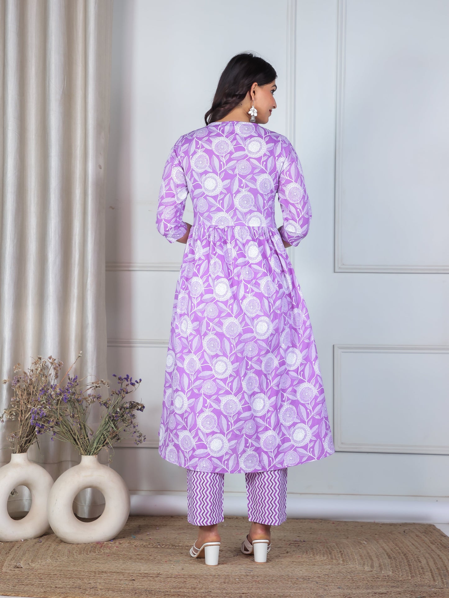 Soft Cotton Geometric Gathered Purple Kurta