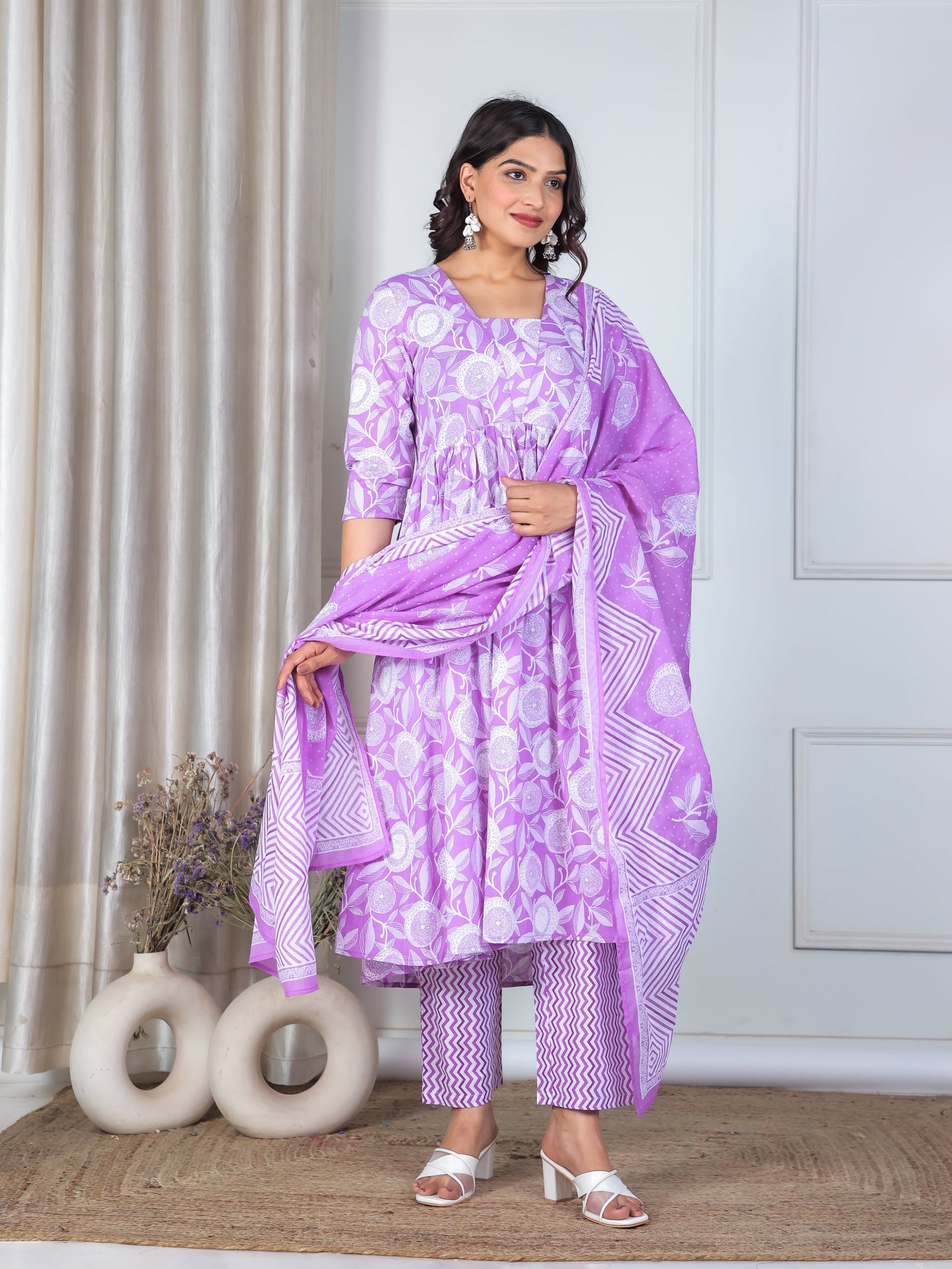 Soft Cotton Geometric Gathered Purple Kurta