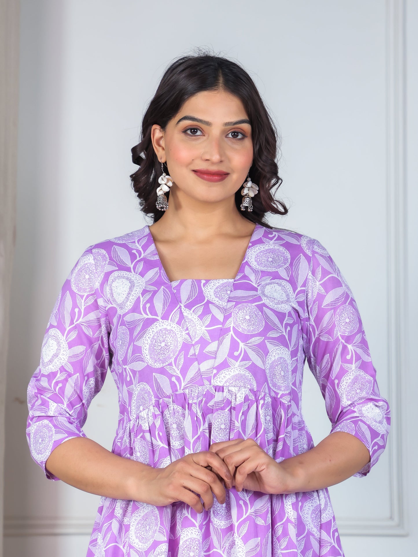 Soft Cotton Geometric Gathered Purple Kurta