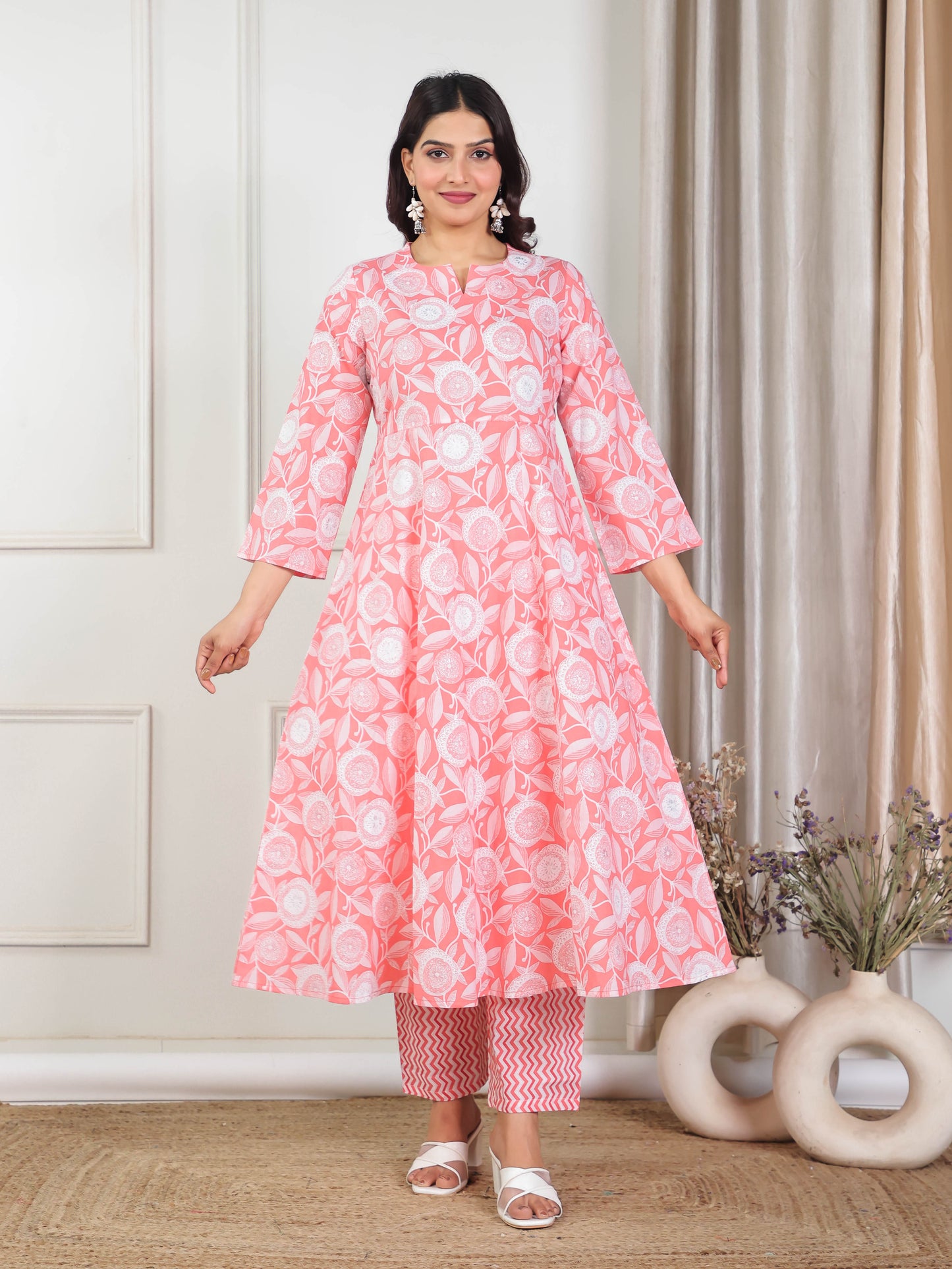 Soft Cotton Geometric Flared Pink Kurta