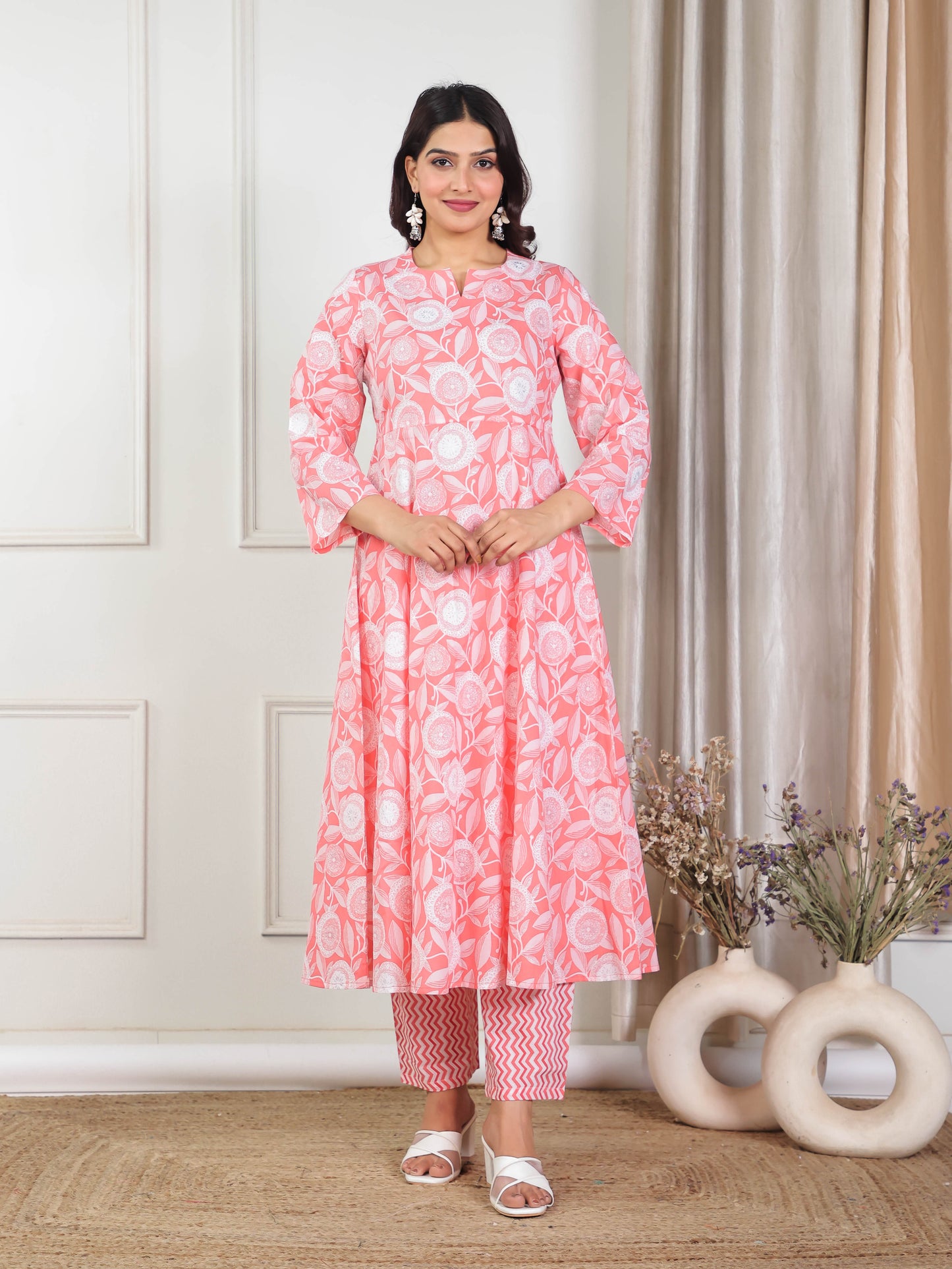 Soft Cotton Geometric Flared Pink Kurta