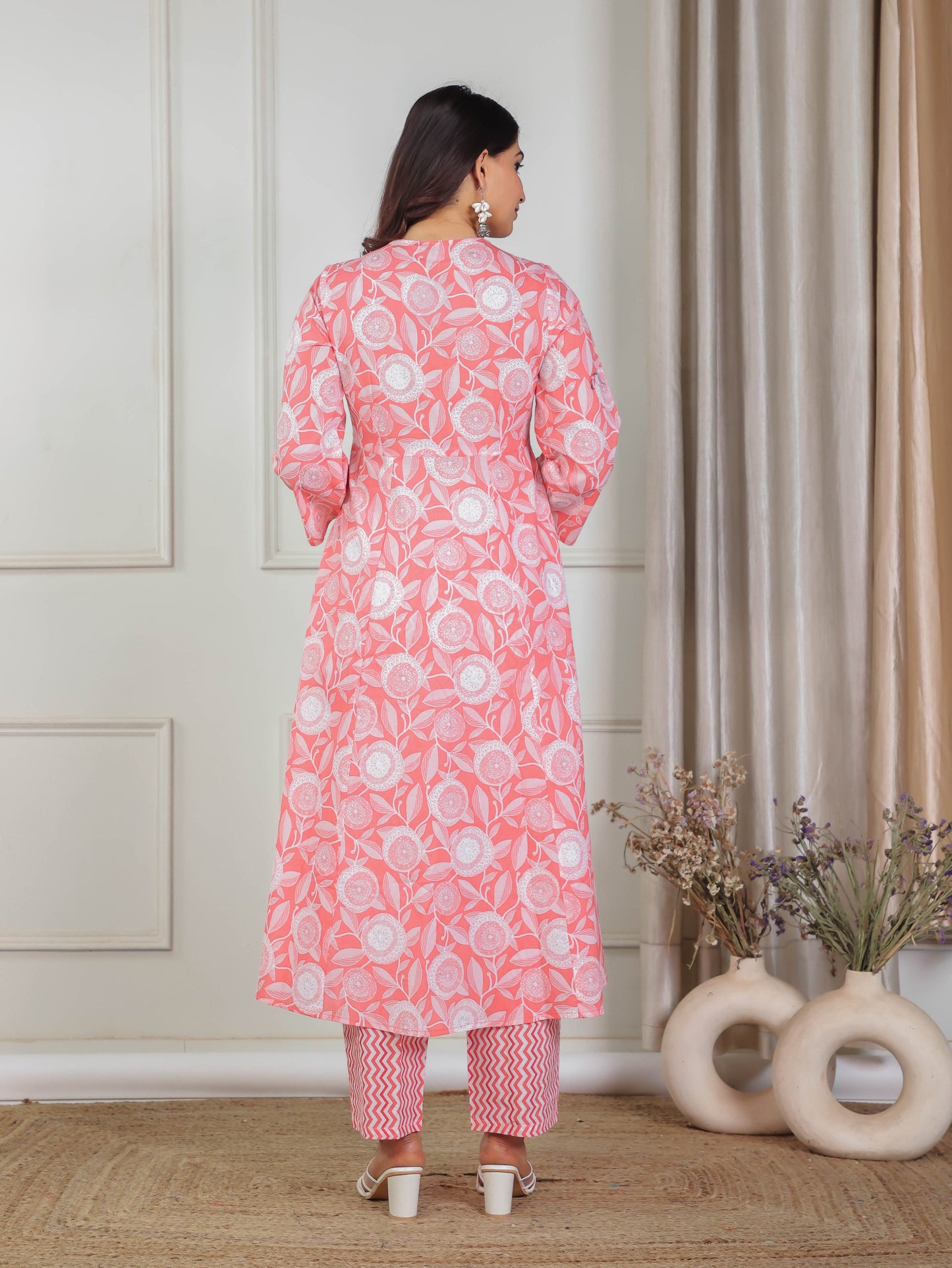 Soft Cotton Geometric Flared Pink Kurta