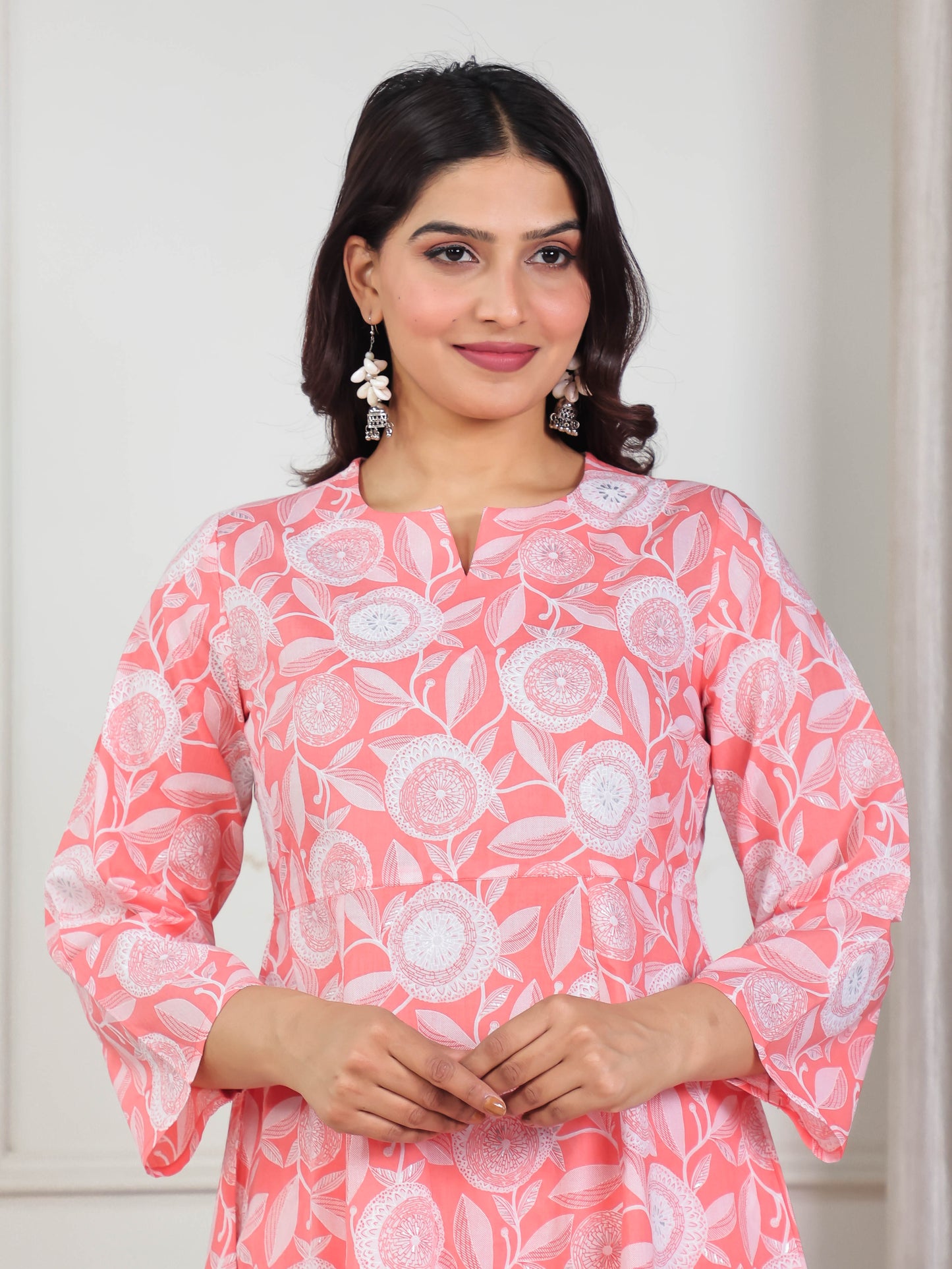 Soft Cotton Geometric Flared Pink Kurta