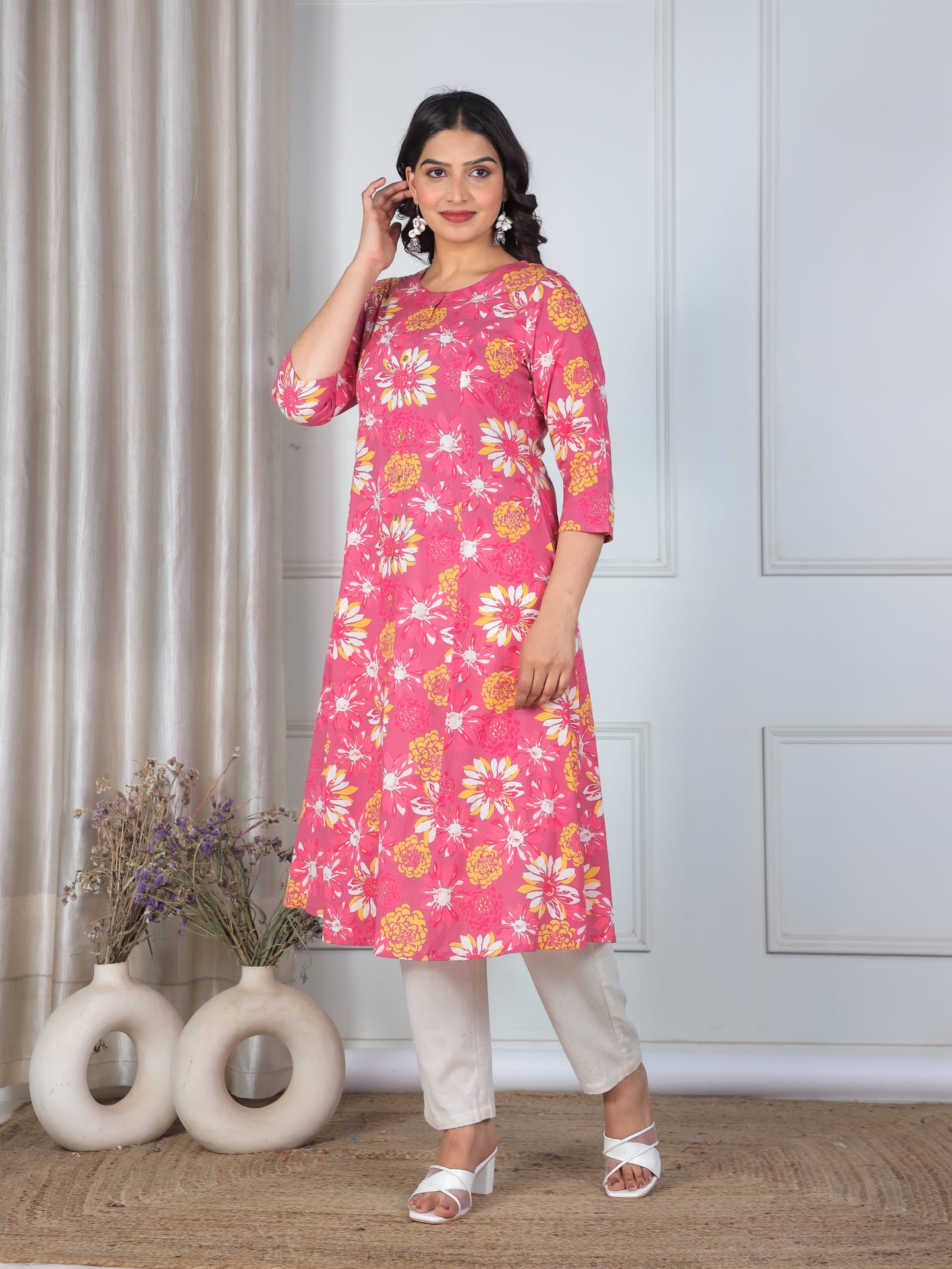 Soft Cotton Floral Flared Pink Kurta