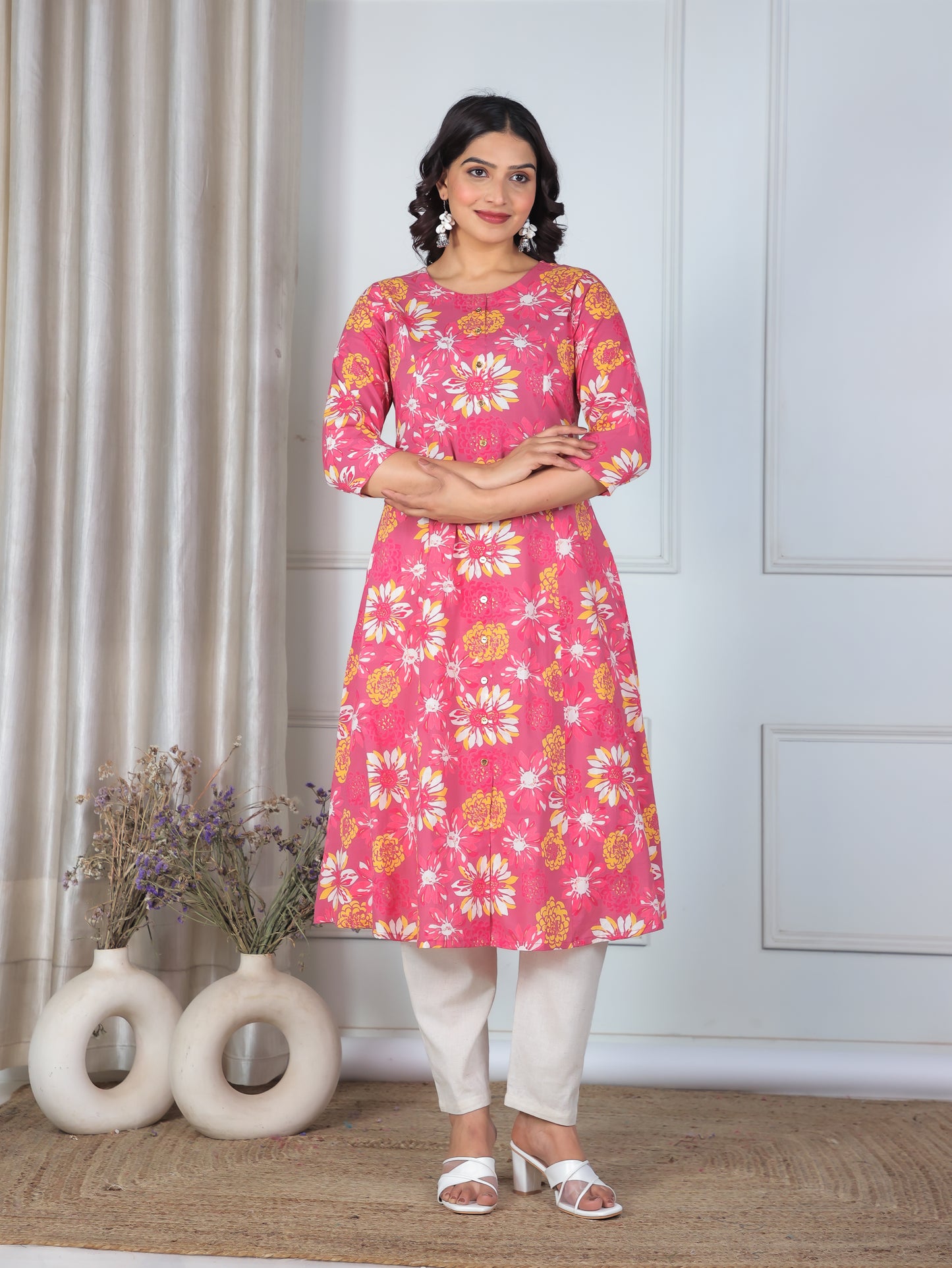 Soft Cotton Floral Flared Pink Kurta
