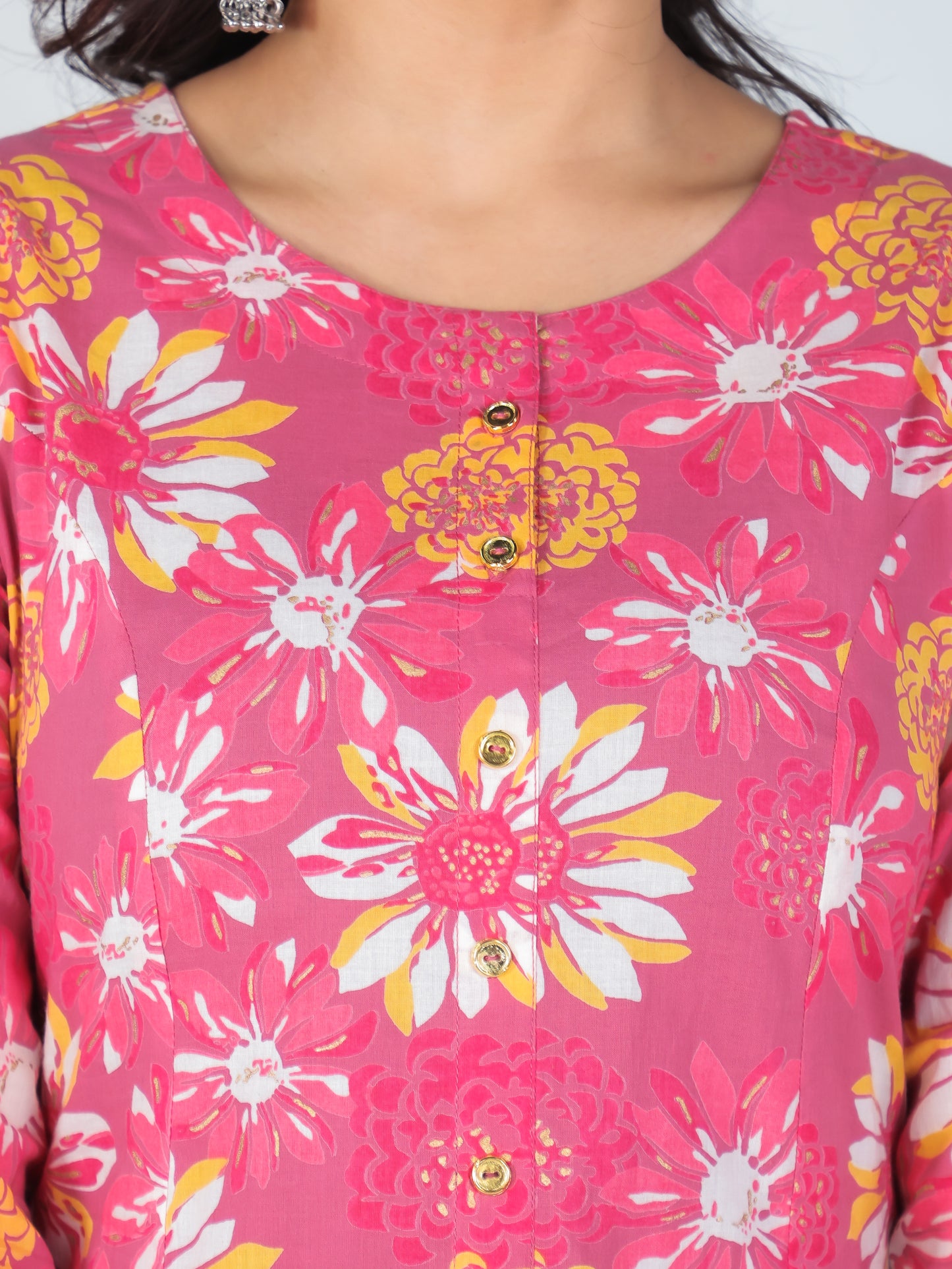 Soft Cotton Floral Flared Pink Kurta