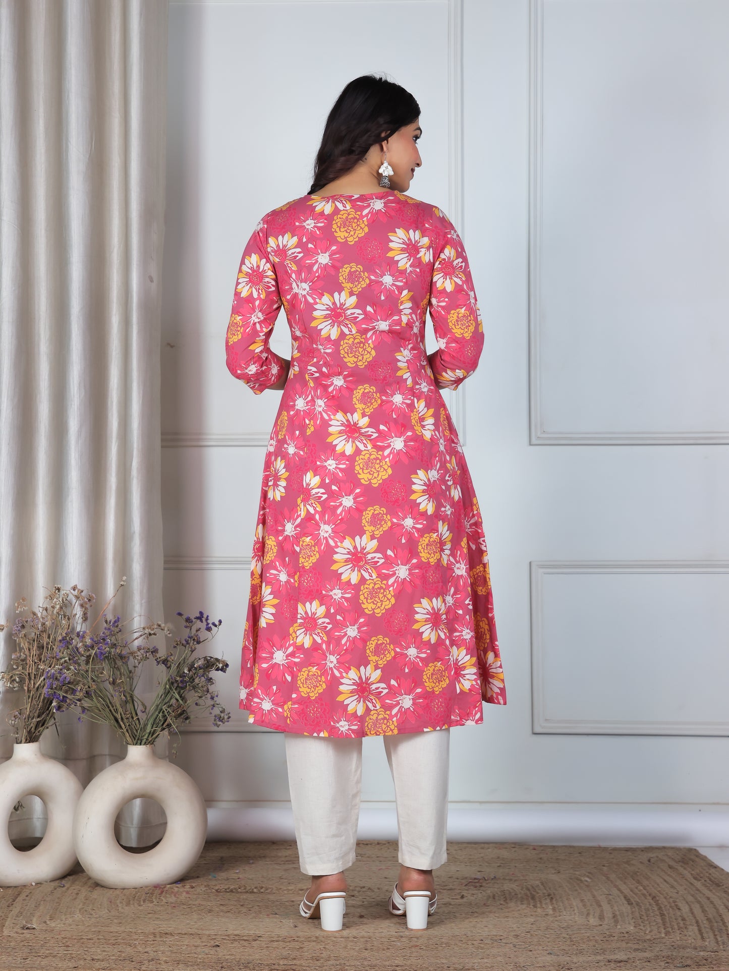 Soft Cotton Floral Flared Pink Kurta