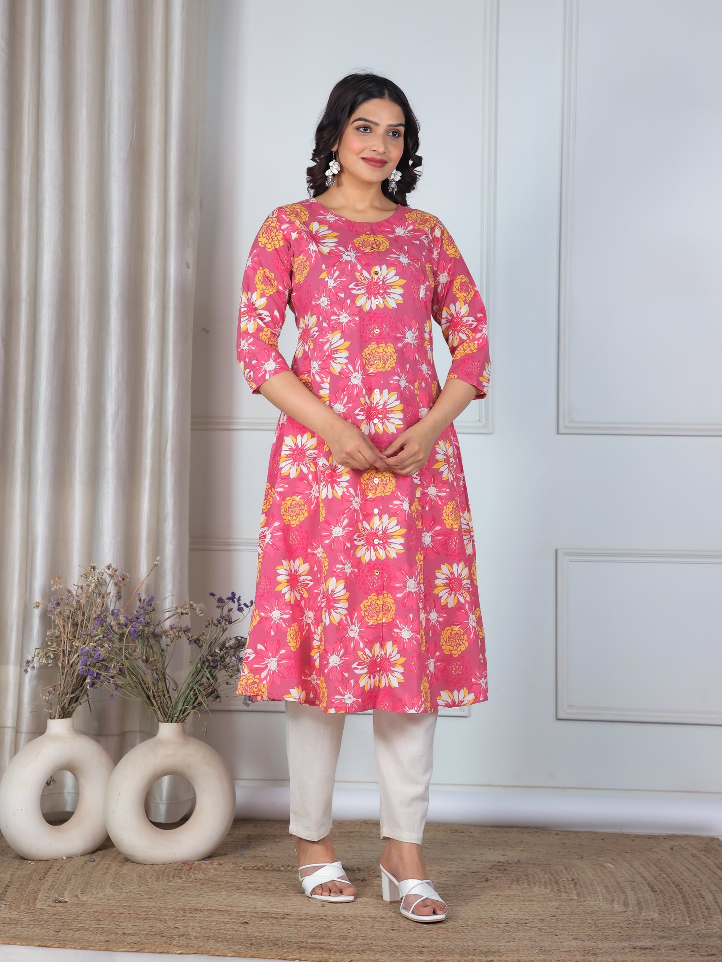 Soft Cotton Floral Flared Pink Kurta