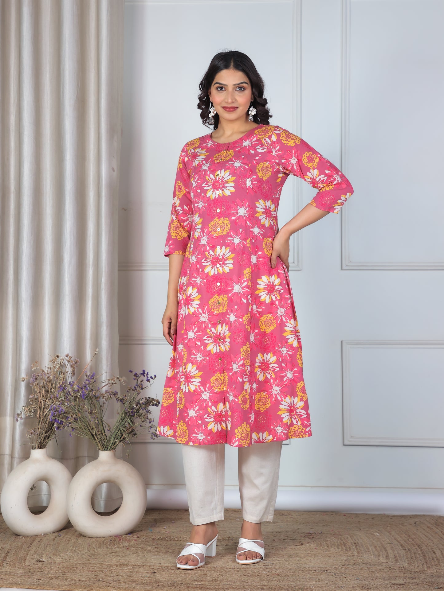 Soft Cotton Floral Flared Pink Kurta
