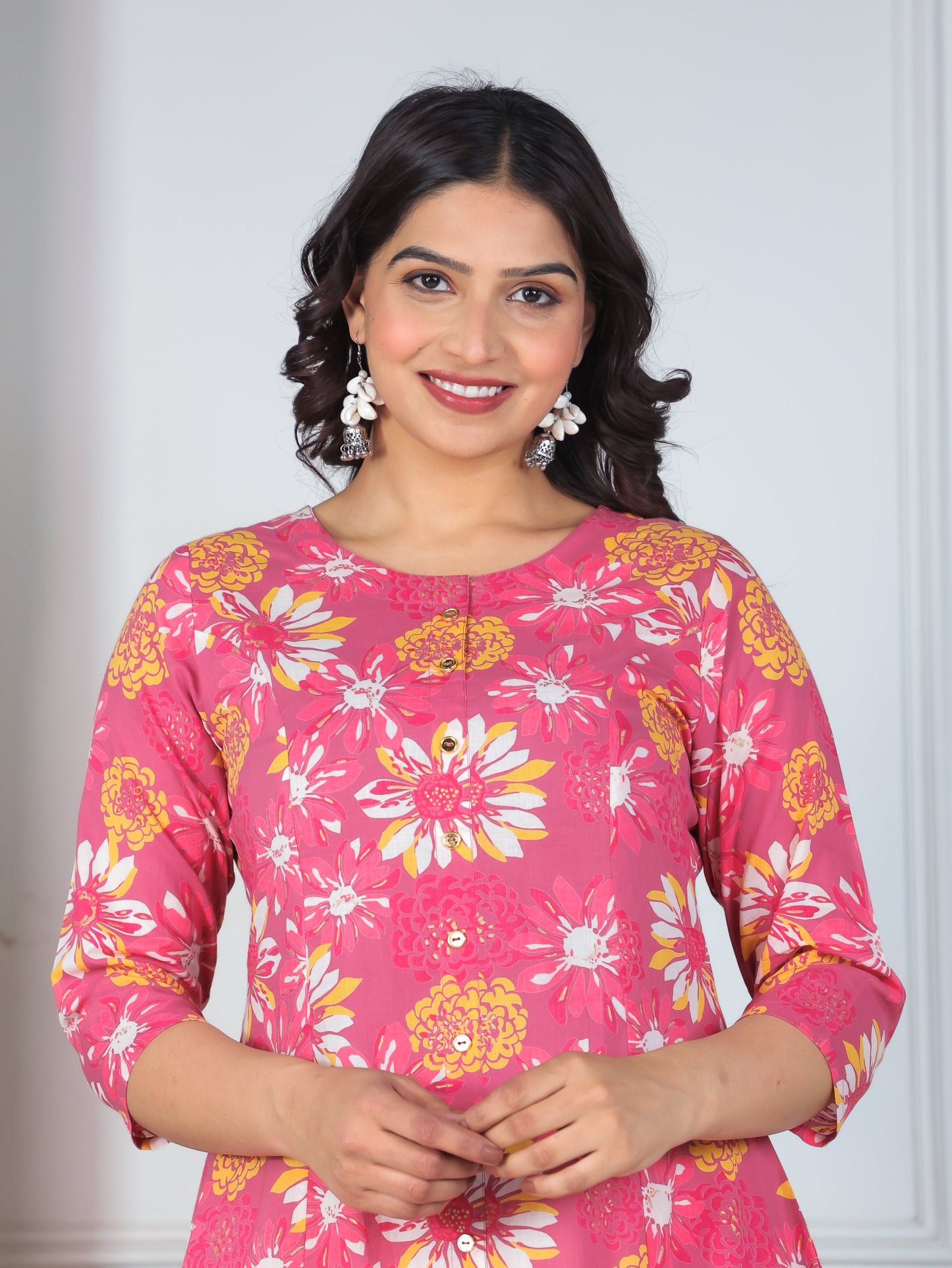 Soft Cotton Floral Flared Pink Kurta
