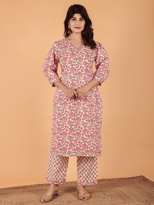 Soft Cotton Floral Straight Cream Kurta