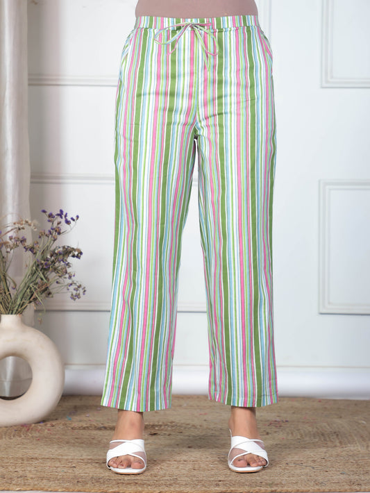 Soft Cotton Striped Green Straight Trousers
