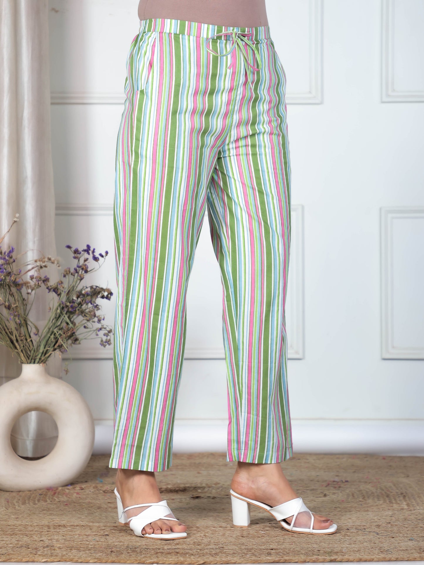 Soft Cotton Striped Green Straight Trousers