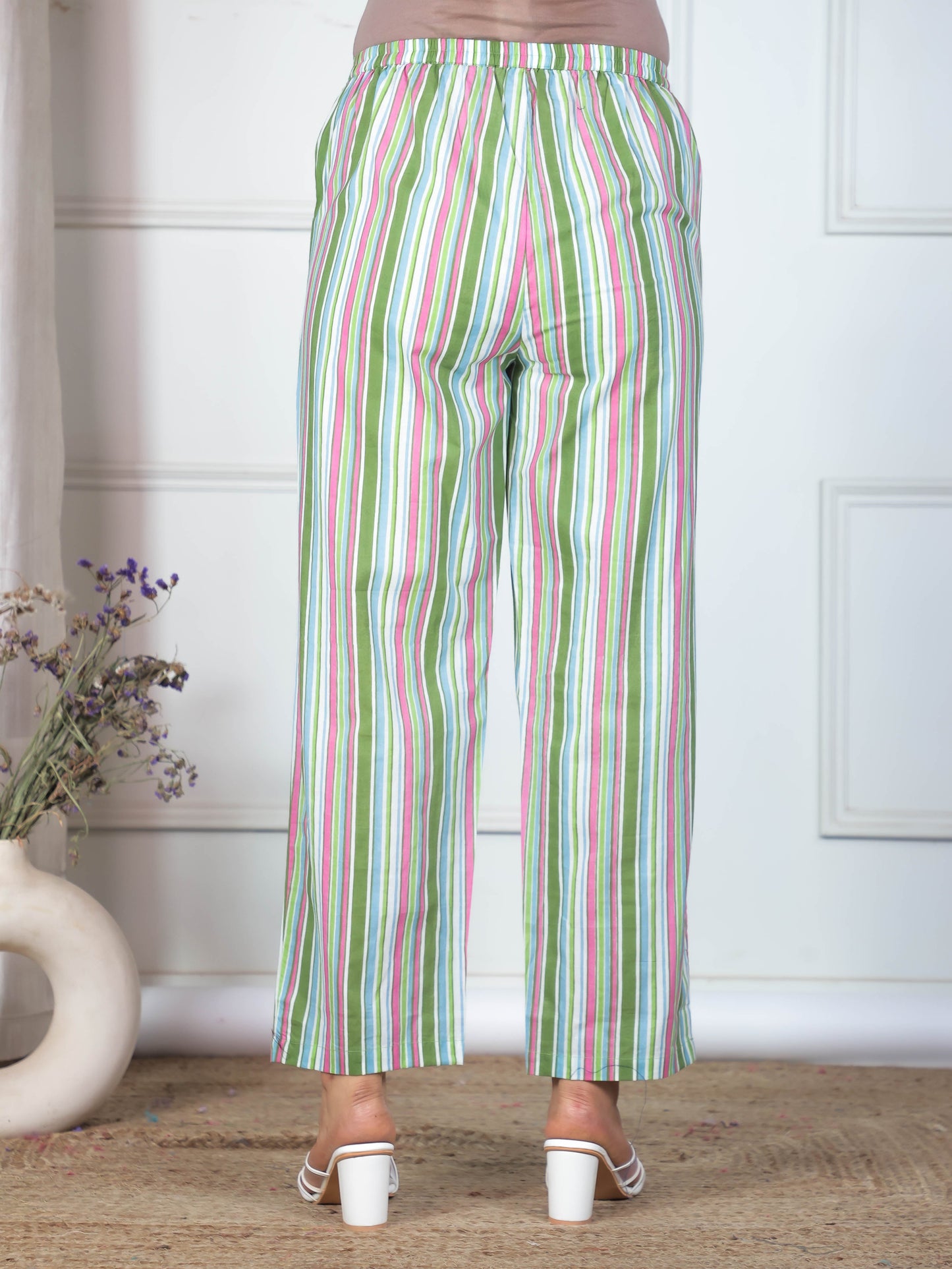 Soft Cotton Striped Green Straight Trousers