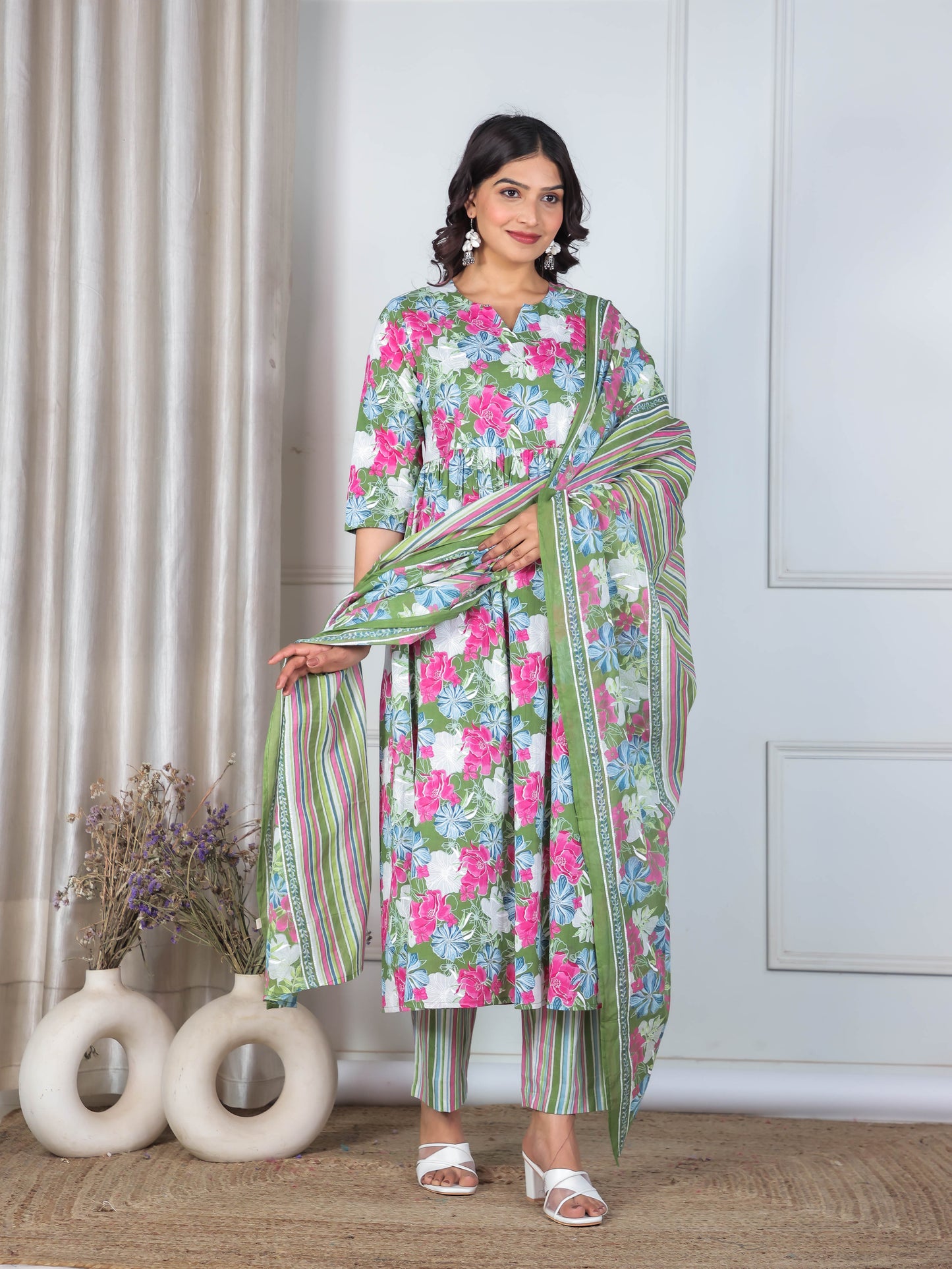 Cotton Voile Striped Green Dupatta