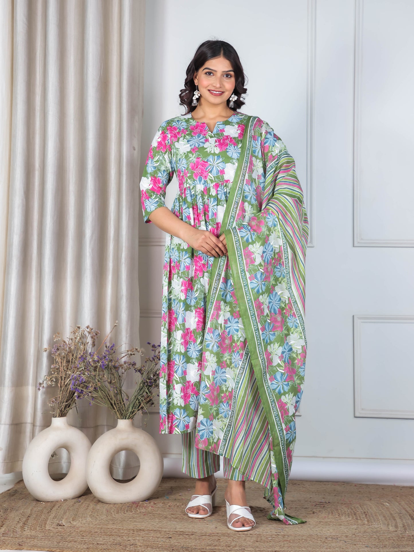 Soft Cotton Floral Anarkali Green Kurta