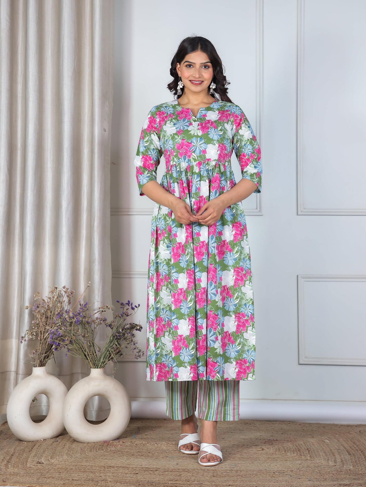 Soft Cotton Floral Anarkali Green Kurta