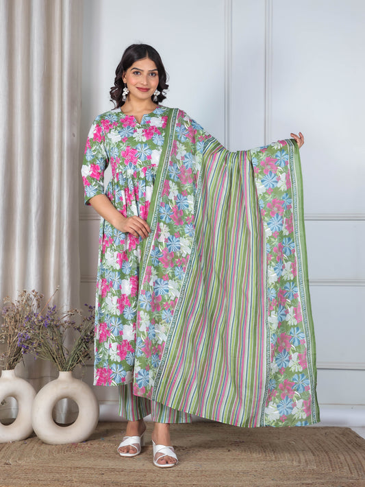 Soft Cotton Floral Anarkali Green Kurta