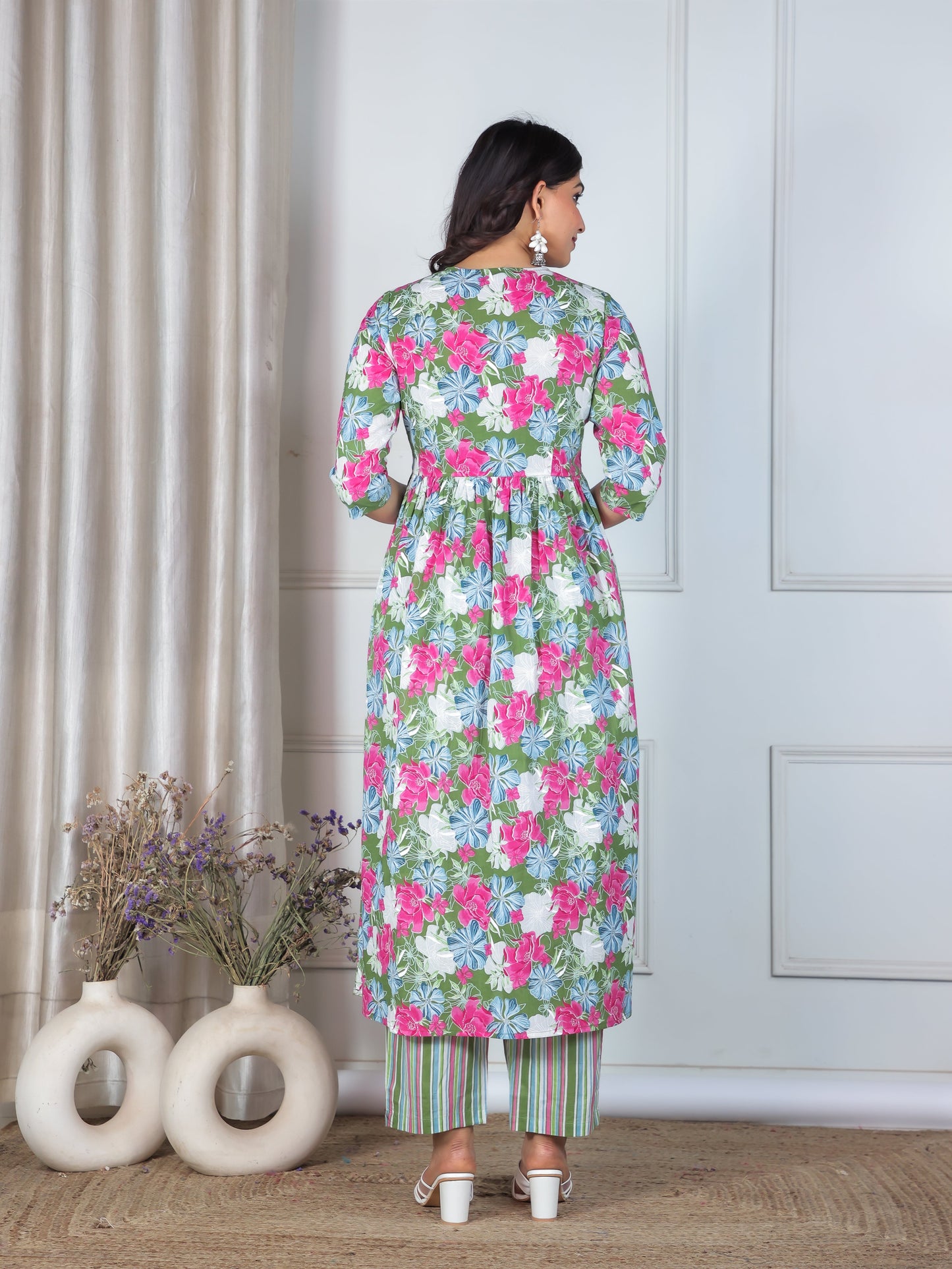 Soft Cotton Floral Anarkali Green Kurta