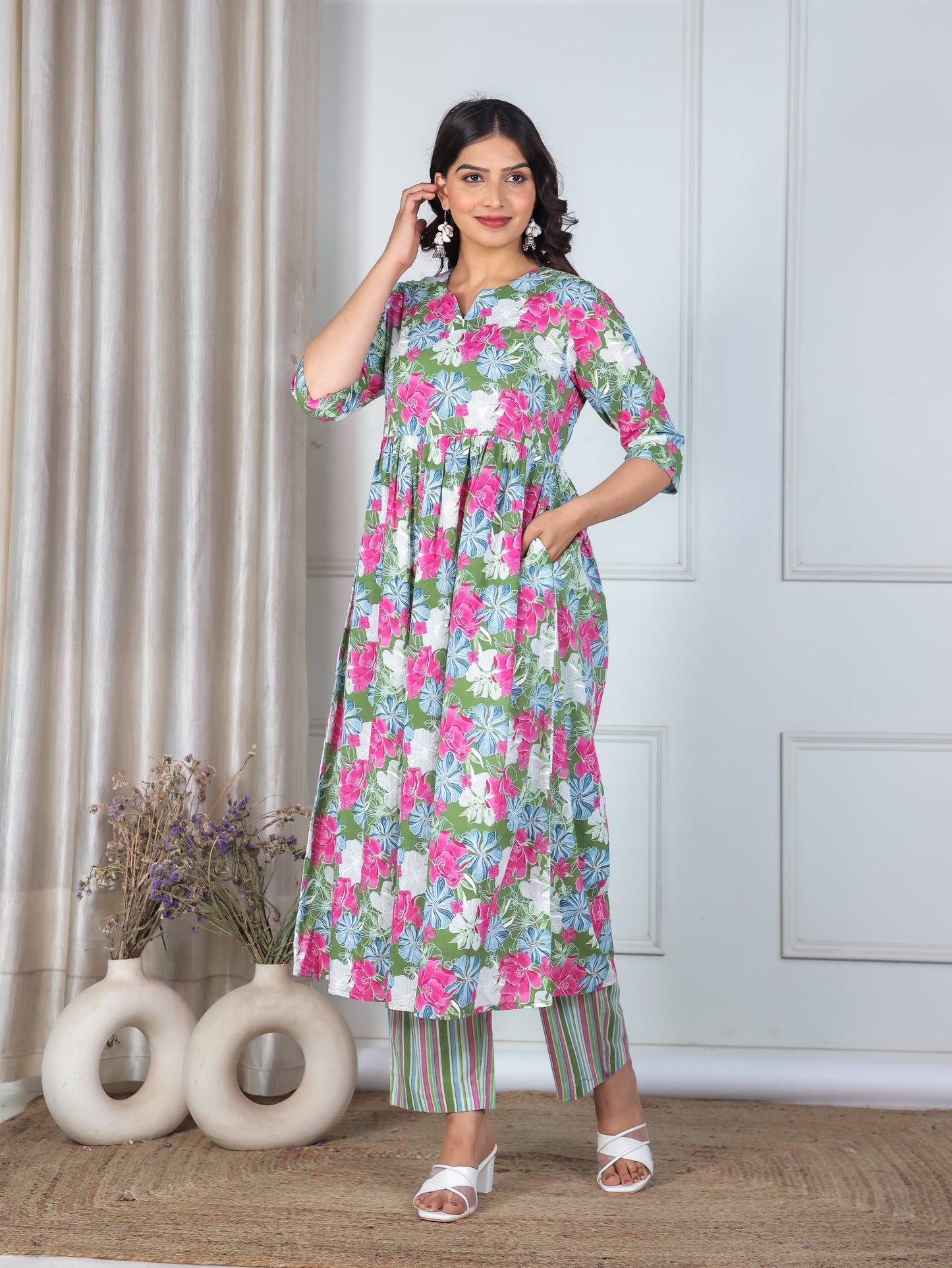 Soft Cotton Floral Anarkali Green Kurta