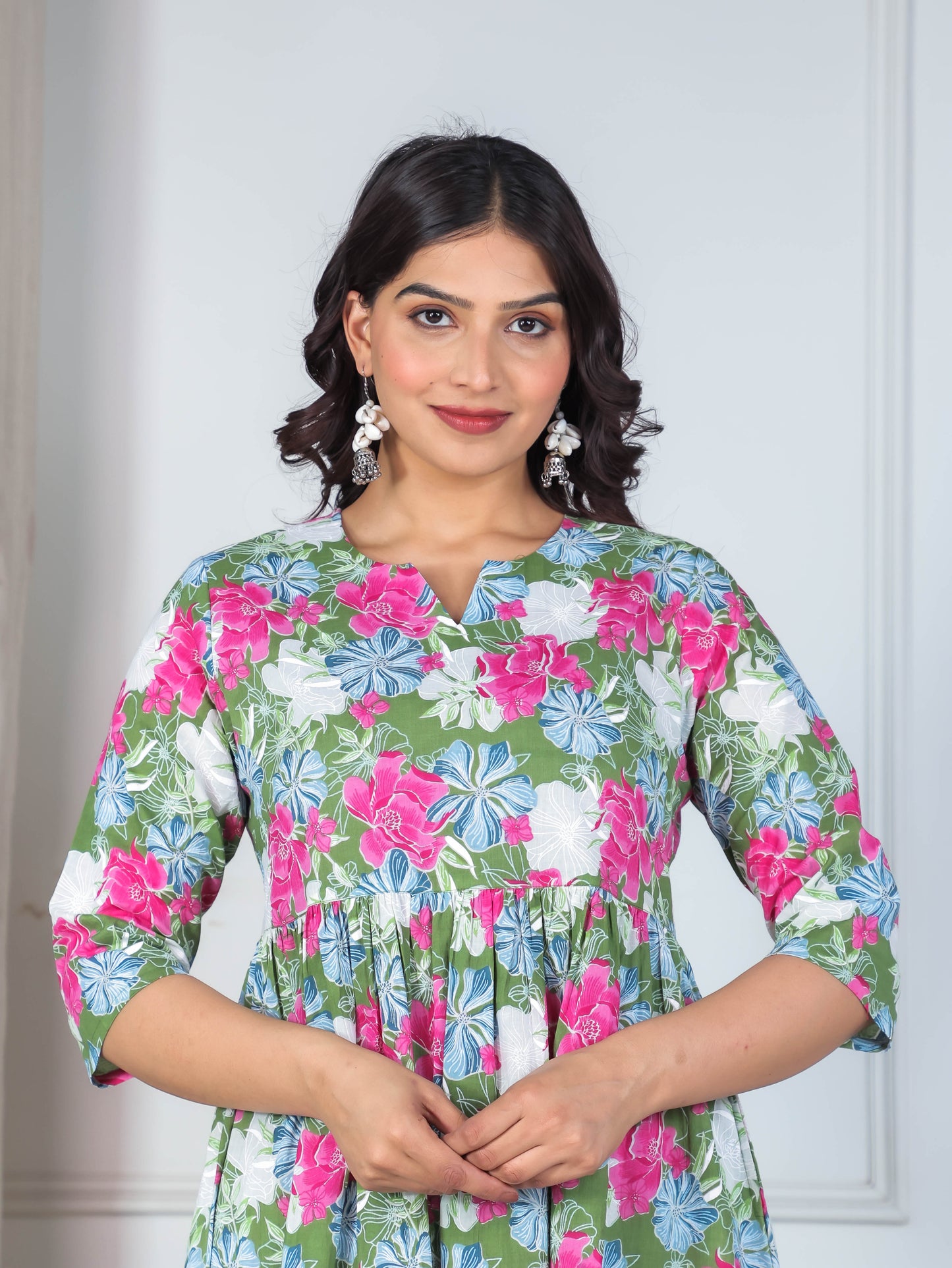 Soft Cotton Floral Anarkali Green Kurta