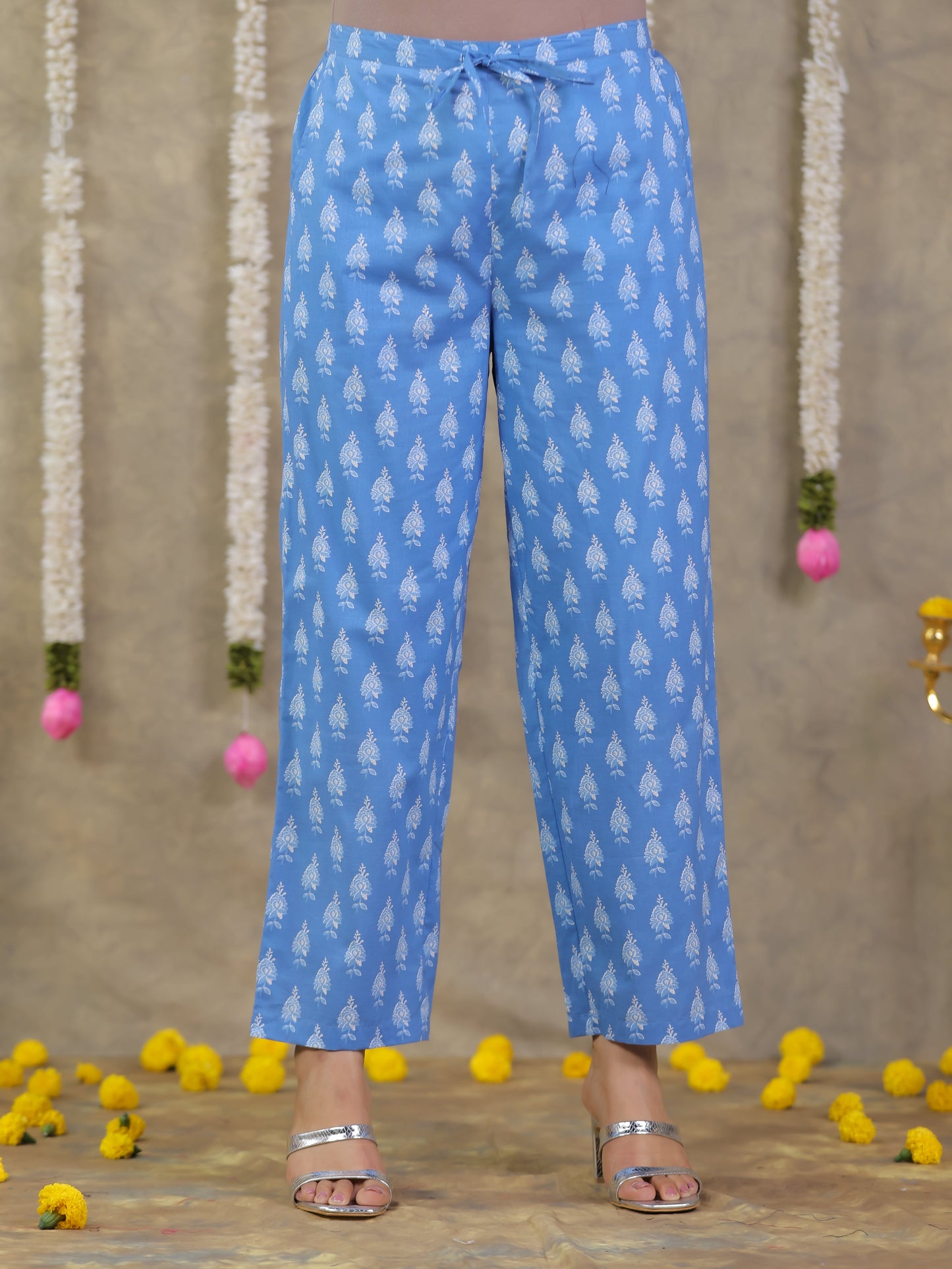 Soft Cotton Floral Blue Straight Trousers