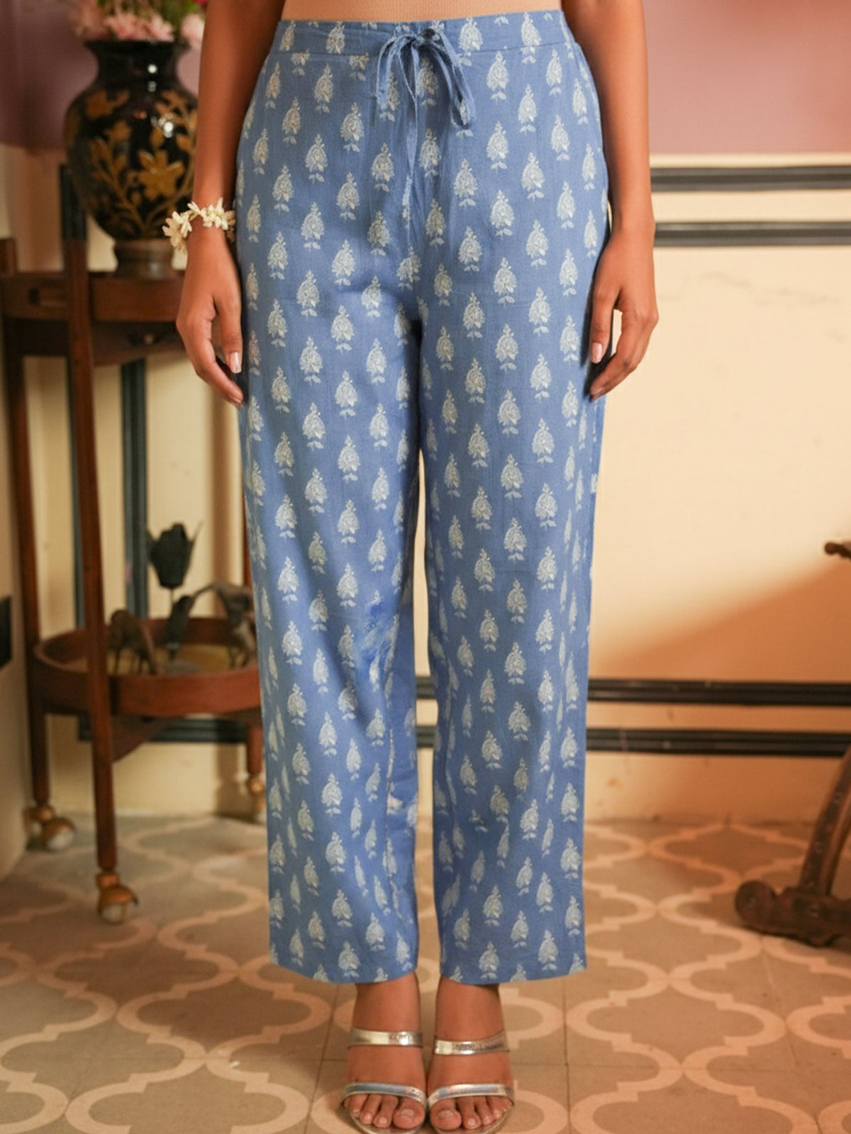 Soft Cotton Floral Blue Straight Trousers