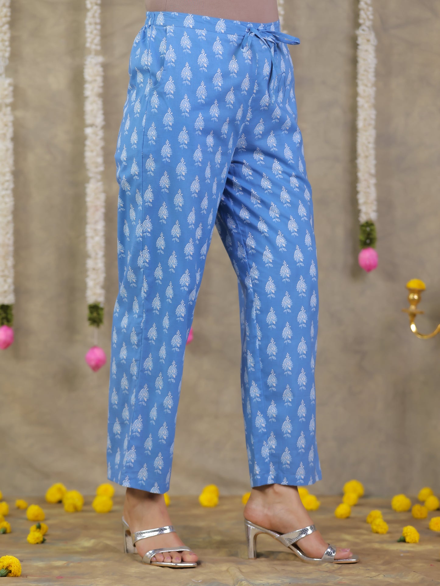 Soft Cotton Floral Blue Straight Trousers