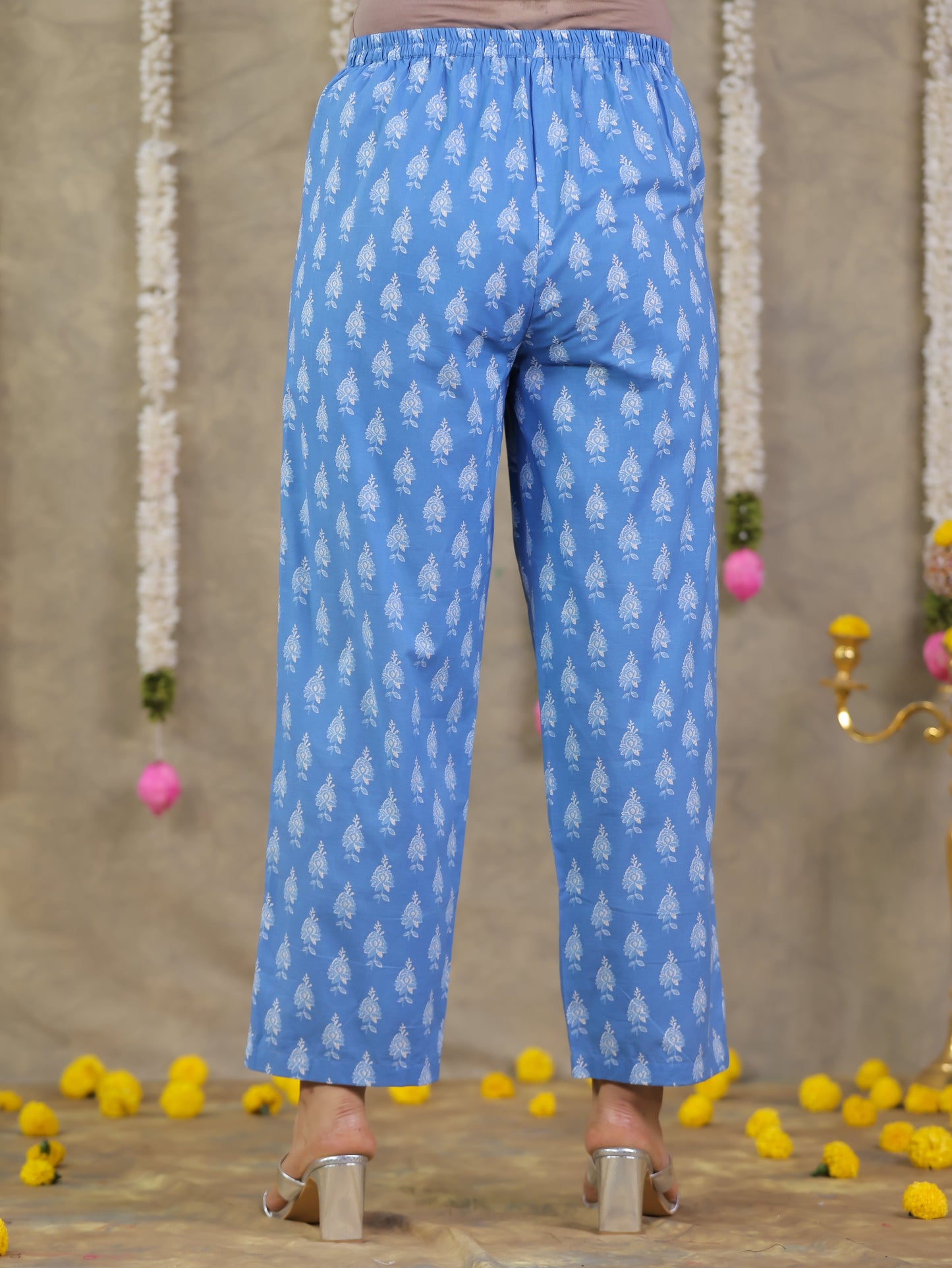 Soft Cotton Floral Blue Straight Trousers
