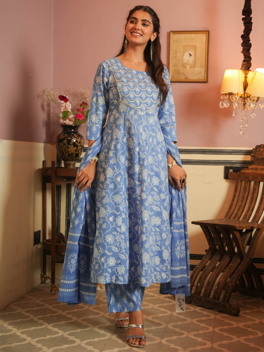 Cotton Voile Floral Blue Dupatta
