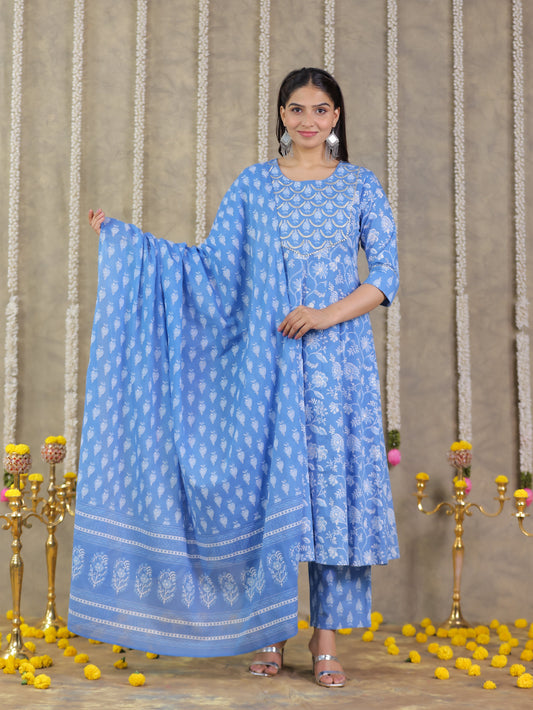 Cotton Voile Floral Blue Dupatta