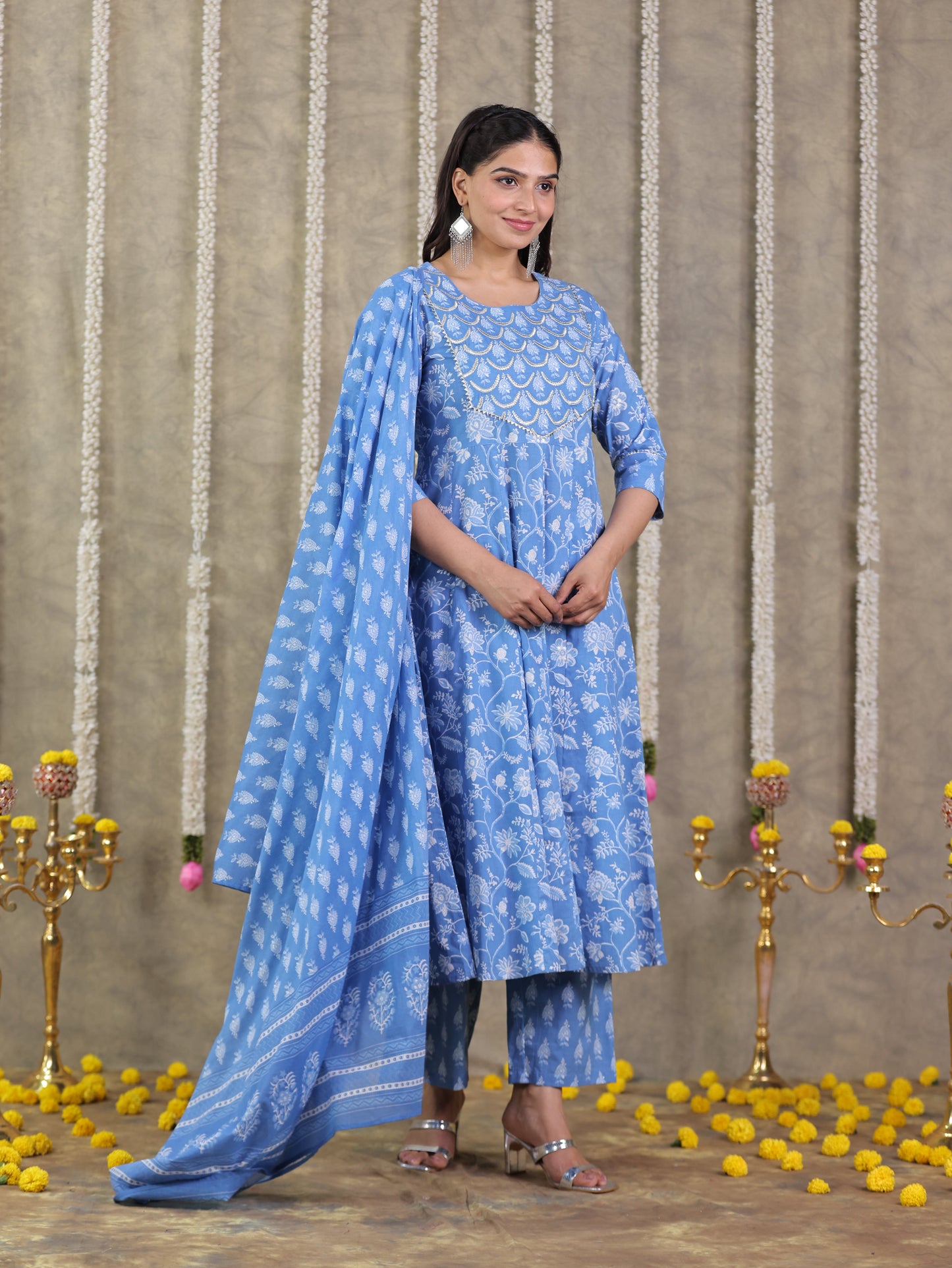 Cotton Voile Floral Blue Dupatta