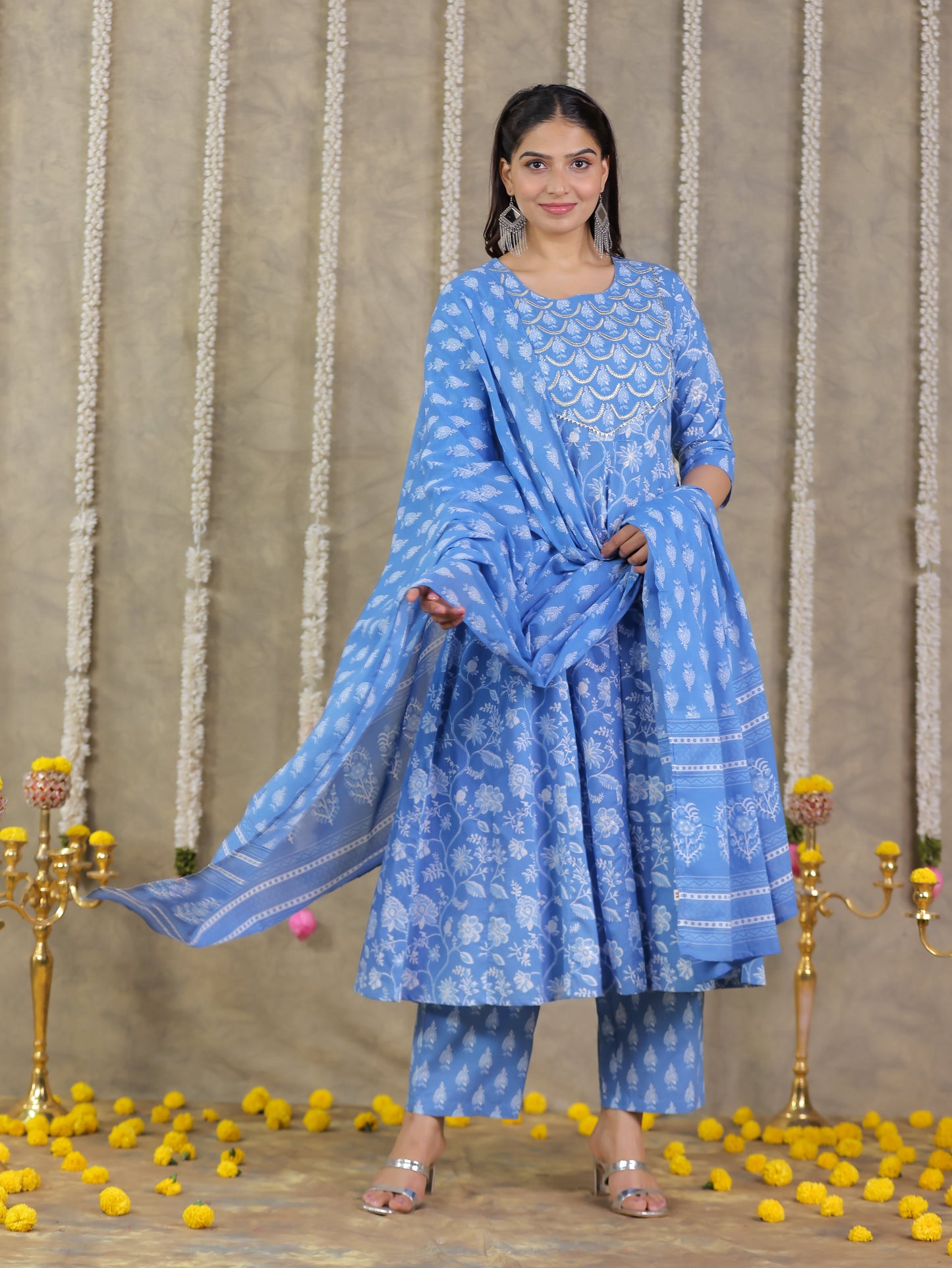 Cotton Voile Floral Blue Dupatta