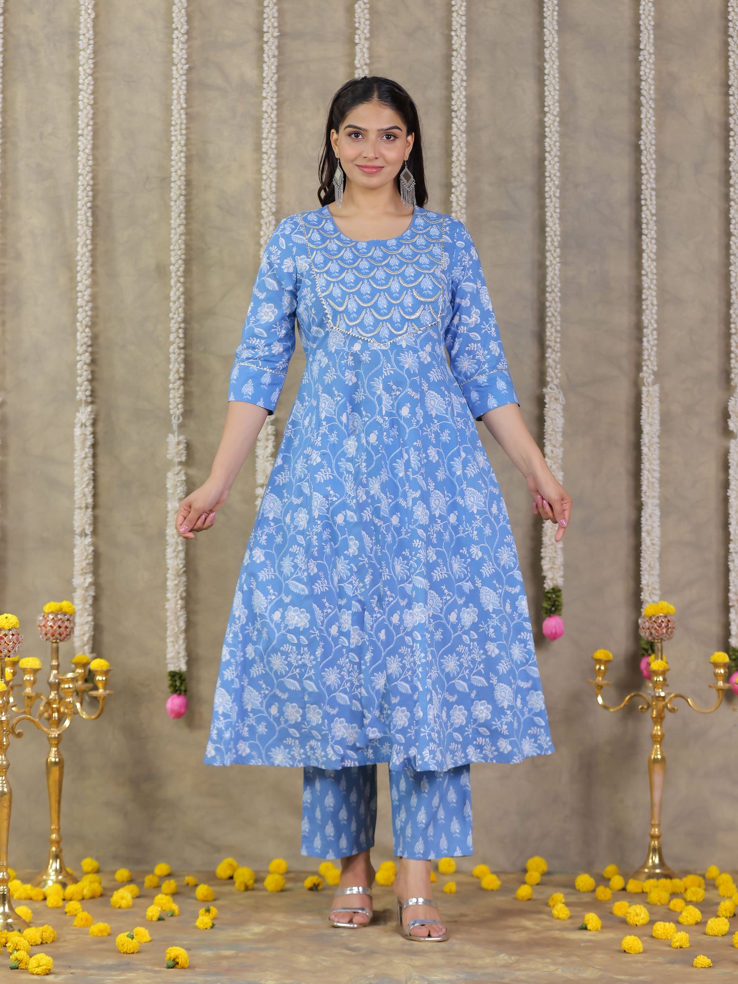 Embroidered Soft Cotton Floral Anarkali Blue Kurta