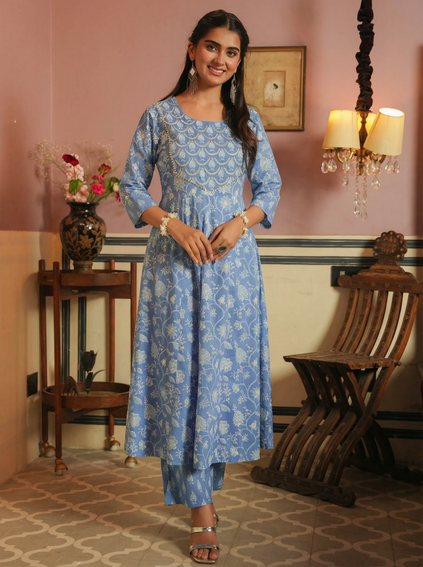 Embroidered Soft Cotton Floral Anarkali Blue Kurta
