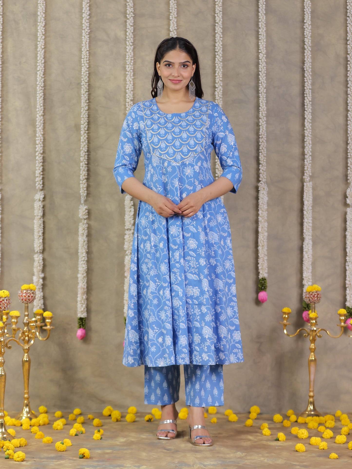 Embroidered Soft Cotton Floral Anarkali Blue Kurta