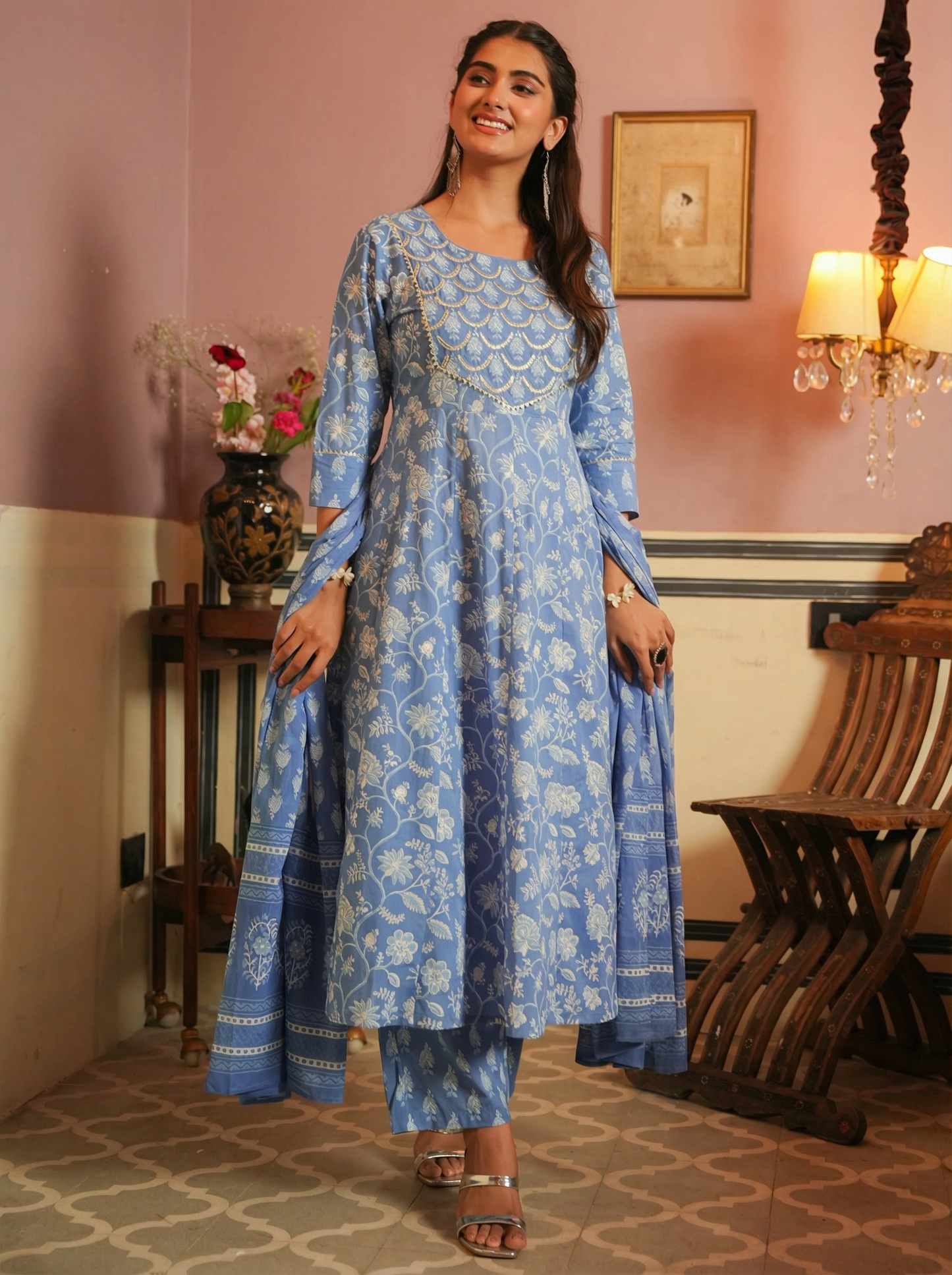 Embroidered Soft Cotton Floral Anarkali Blue Kurta