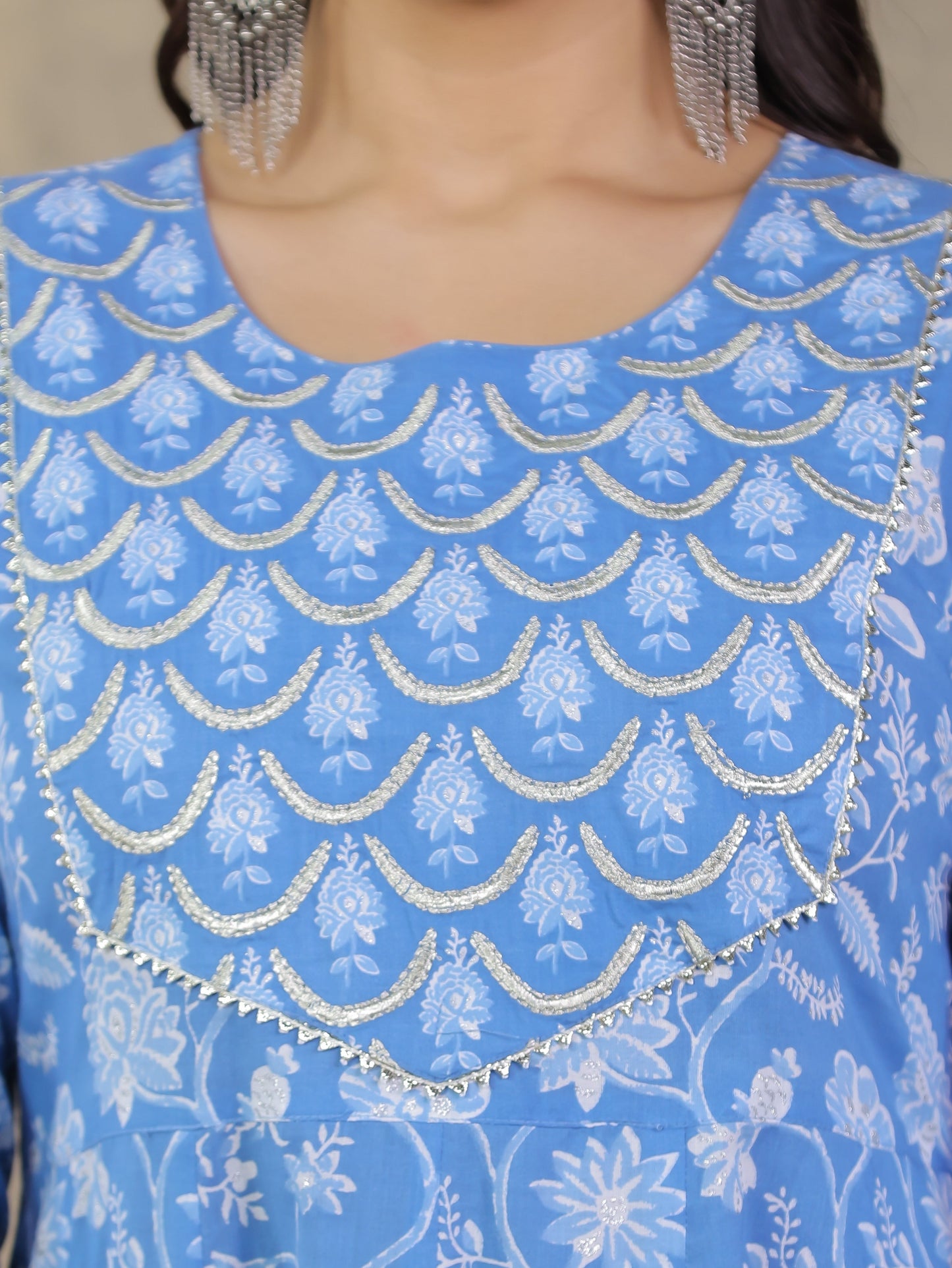 Embroidered Soft Cotton Floral Anarkali Blue Kurta