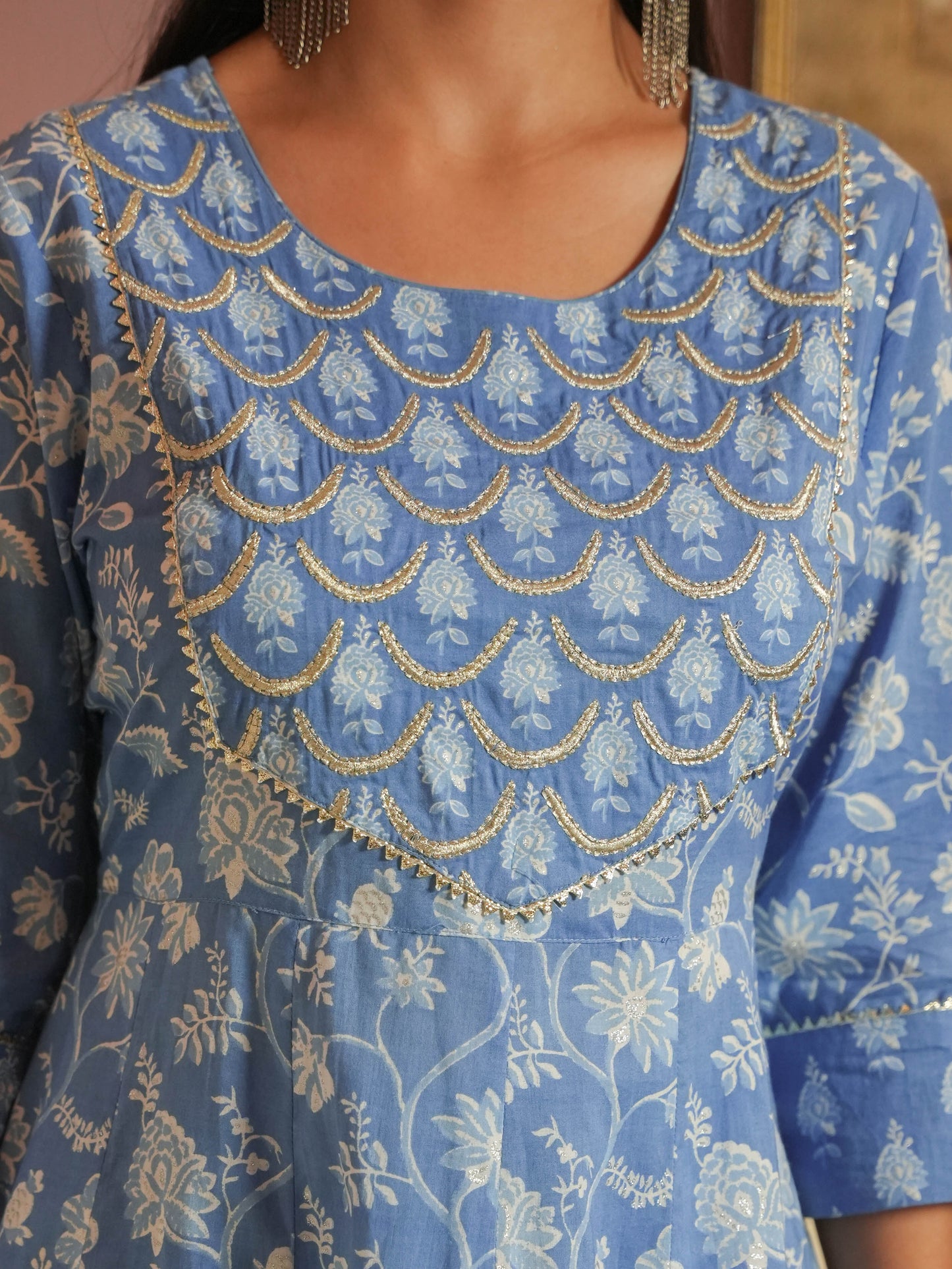 Embroidered Soft Cotton Floral Anarkali Blue Kurta