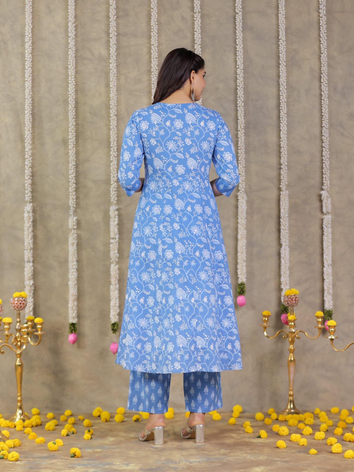 Embroidered Soft Cotton Floral Anarkali Blue Kurta