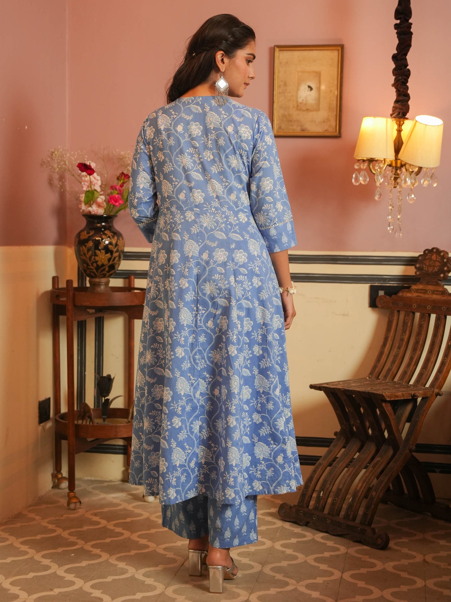 Embroidered Soft Cotton Floral Anarkali Blue Kurta