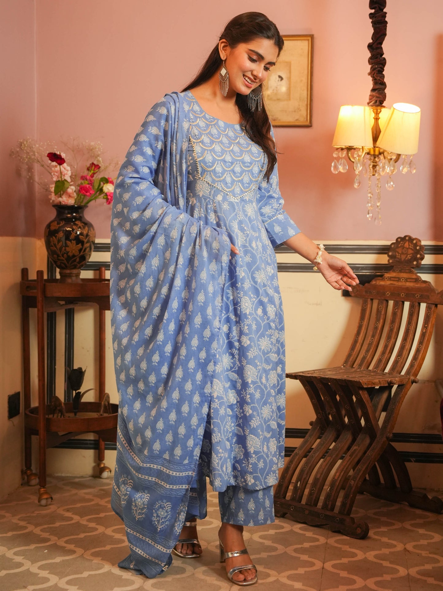 Embroidered Soft Cotton Floral Anarkali Blue Kurta
