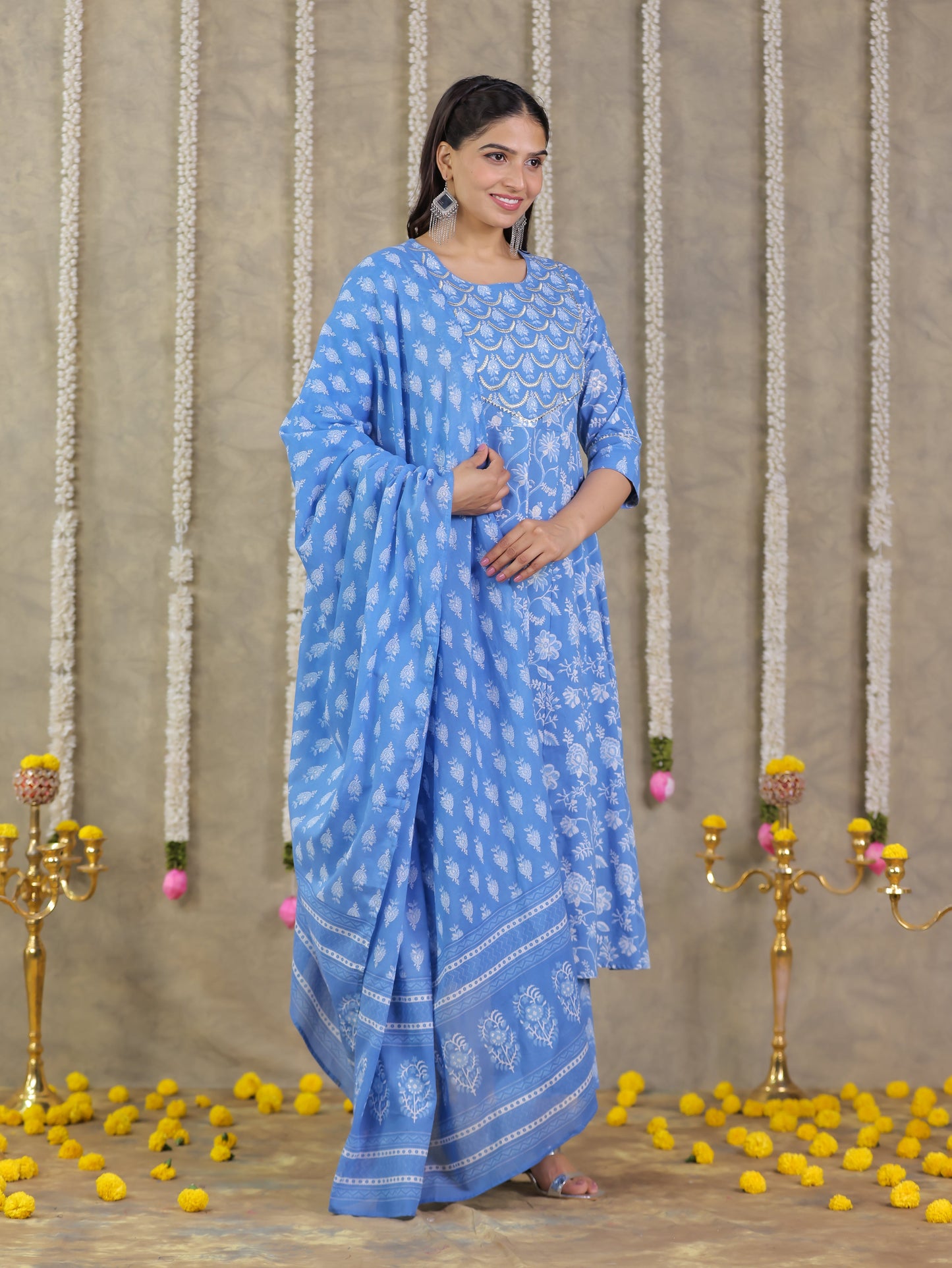 Embroidered Soft Cotton Floral Anarkali Blue Kurta