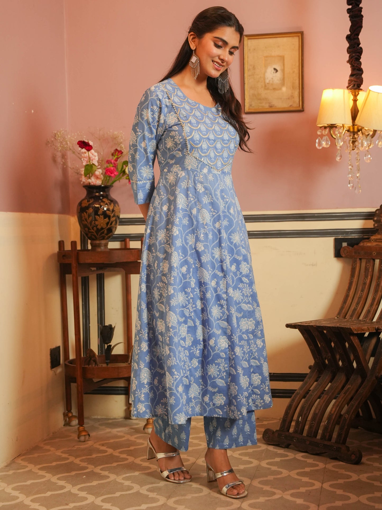 Embroidered Soft Cotton Floral Anarkali Blue Kurta