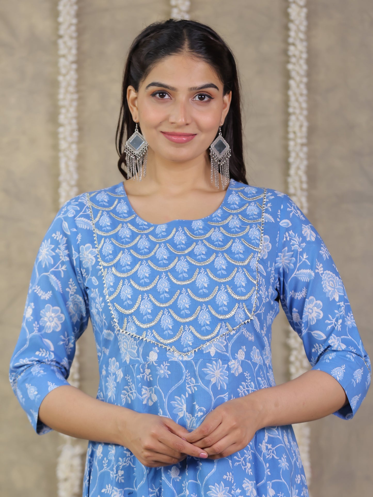 Embroidered Soft Cotton Floral Anarkali Blue Kurta