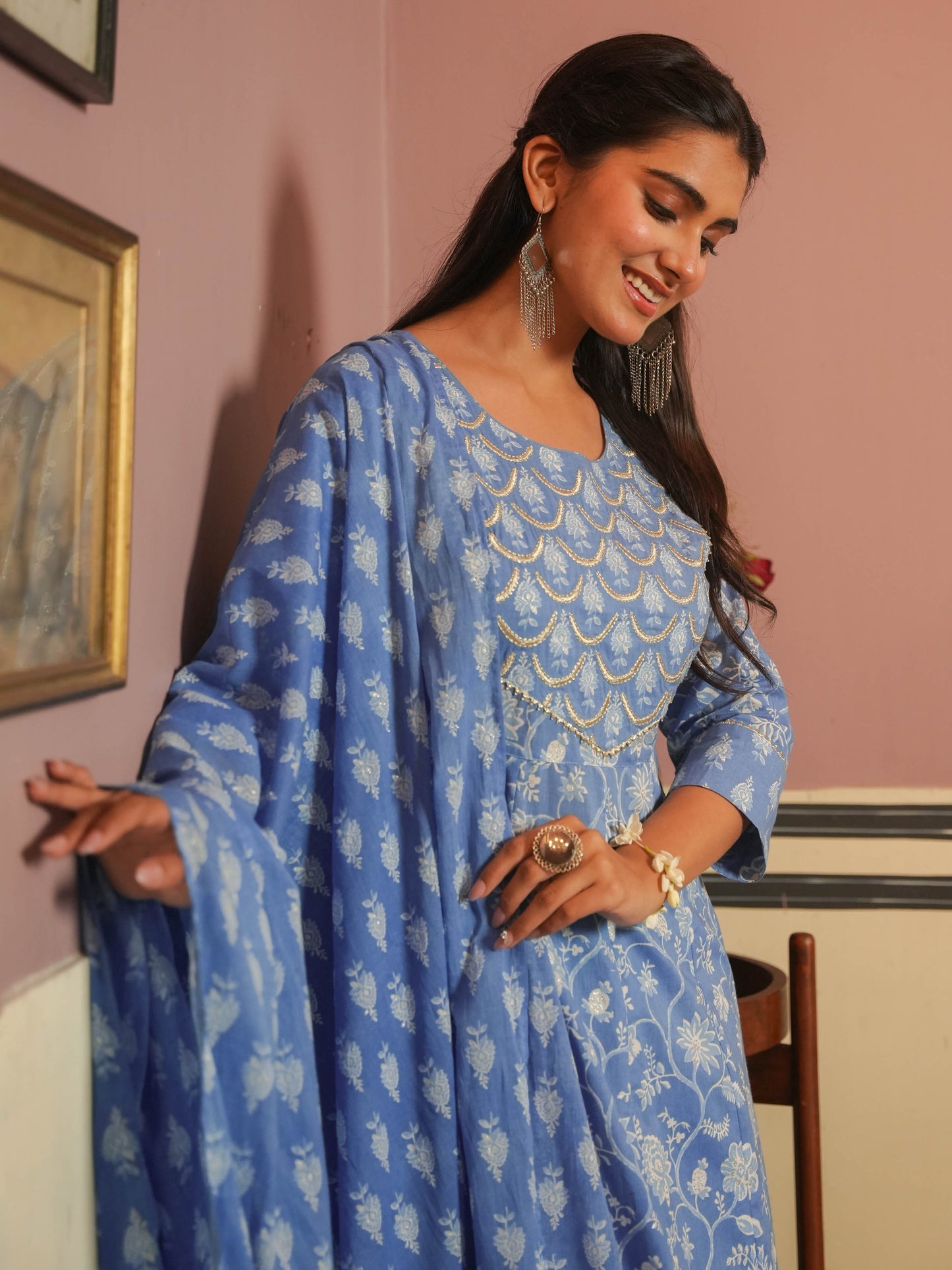 Embroidered Soft Cotton Floral Anarkali Blue Kurta