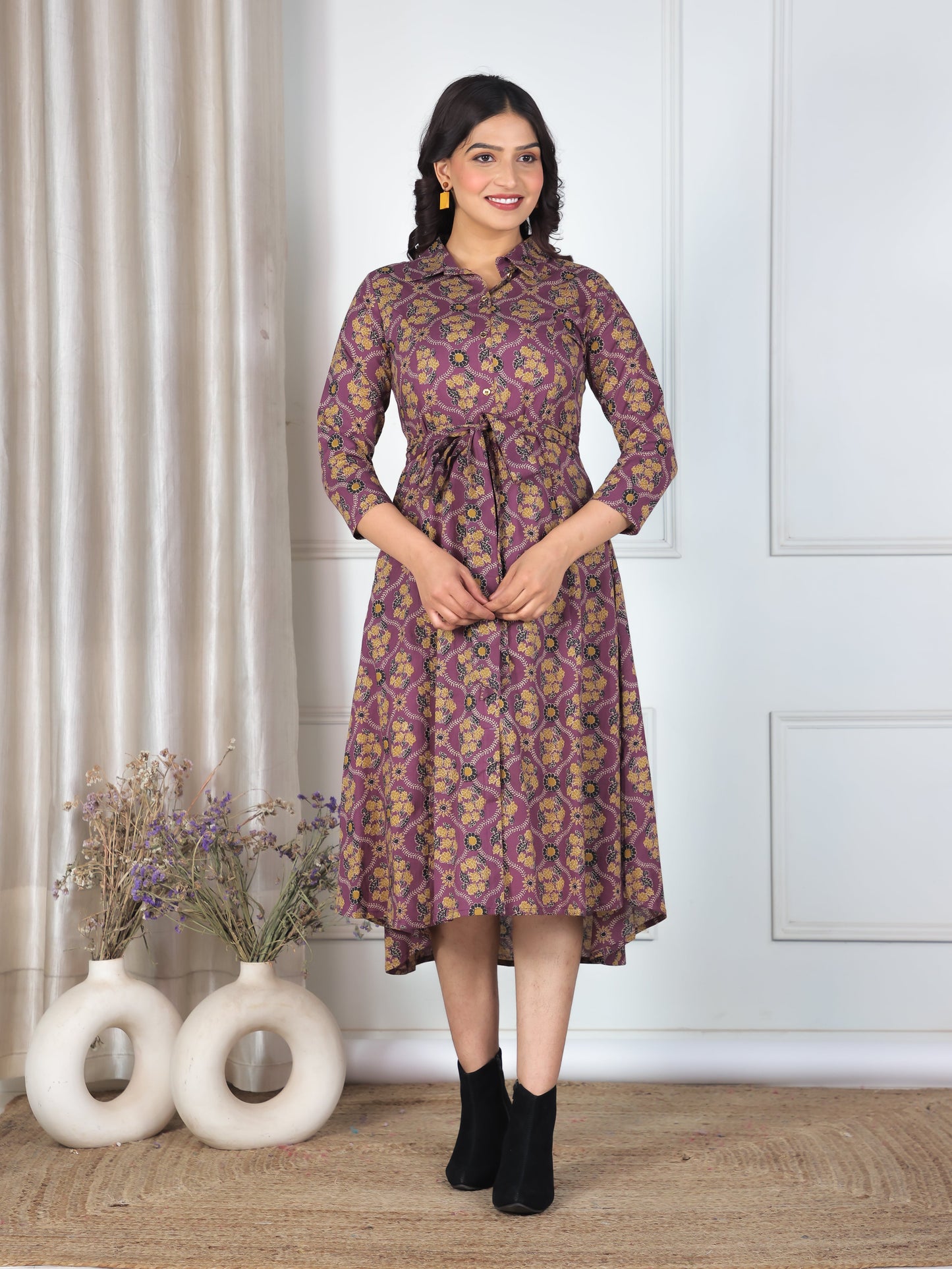 Soft Cotton Geometric High Low Purple Dress