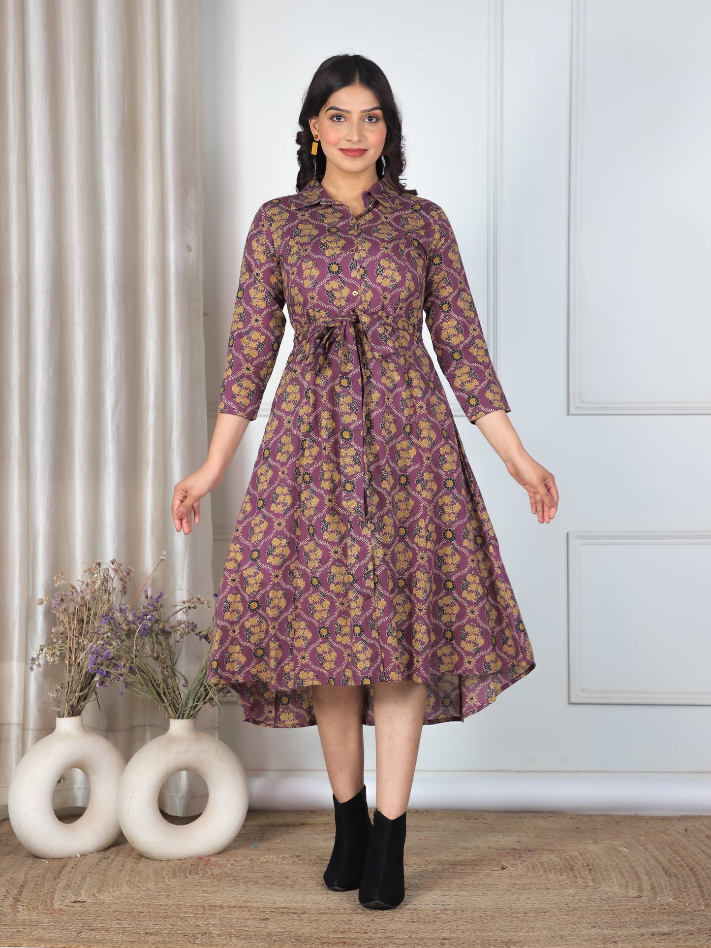 Soft Cotton Geometric High Low Purple Dress